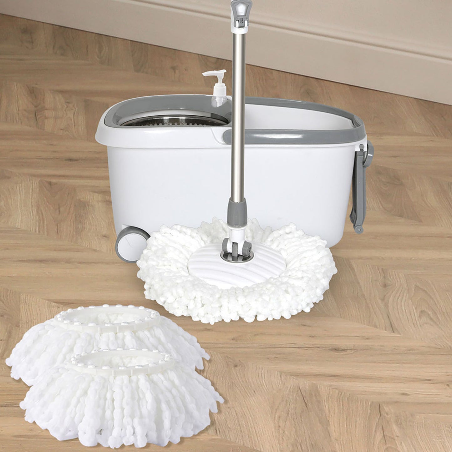 Cleanflo Spin Mop Bucket Set 360° Degree Stainless Steel Rotating Wet Dry White