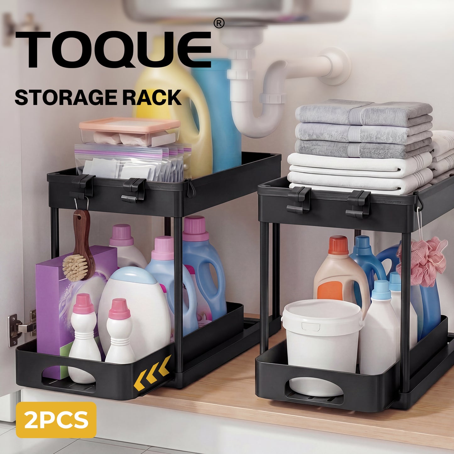Toque Under Sink Storage Kitchen Sliding Drawer Pull Out Organiser 2 Pack Black