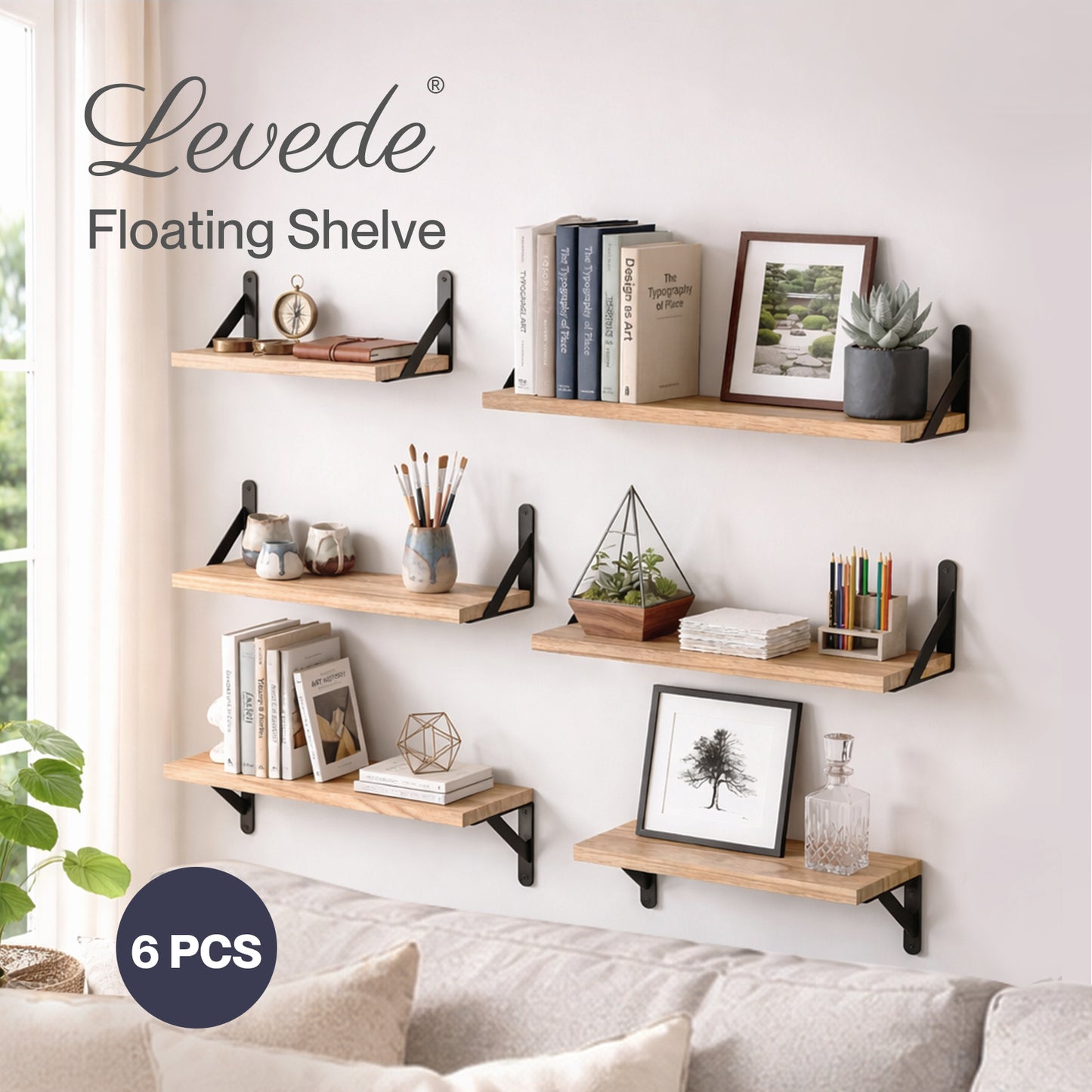 Levede Floating Shelves 6 Set Wood Shelves for Wall Brown Modern Storage Home