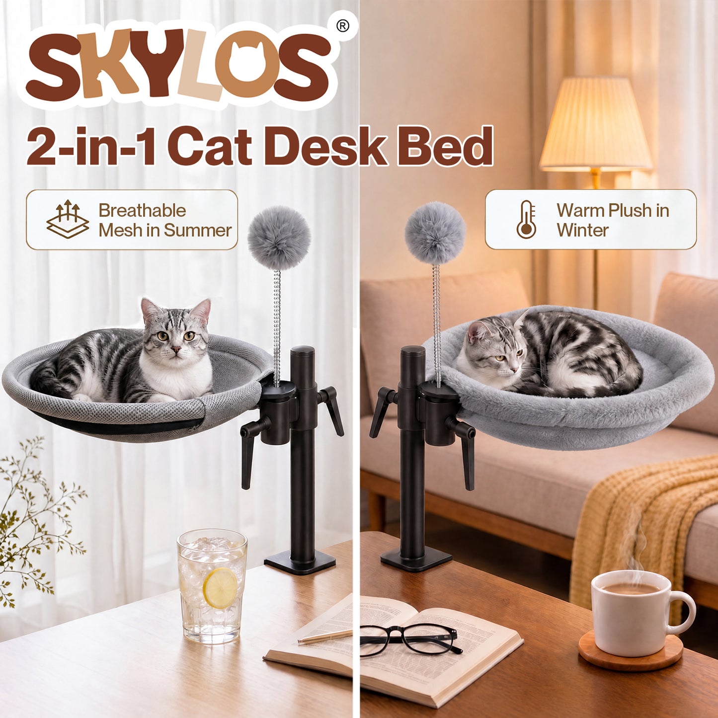 Skylos Cat Bed for Desk 360° Rotating Hammock Adjustable Height Plush Mesh Grey