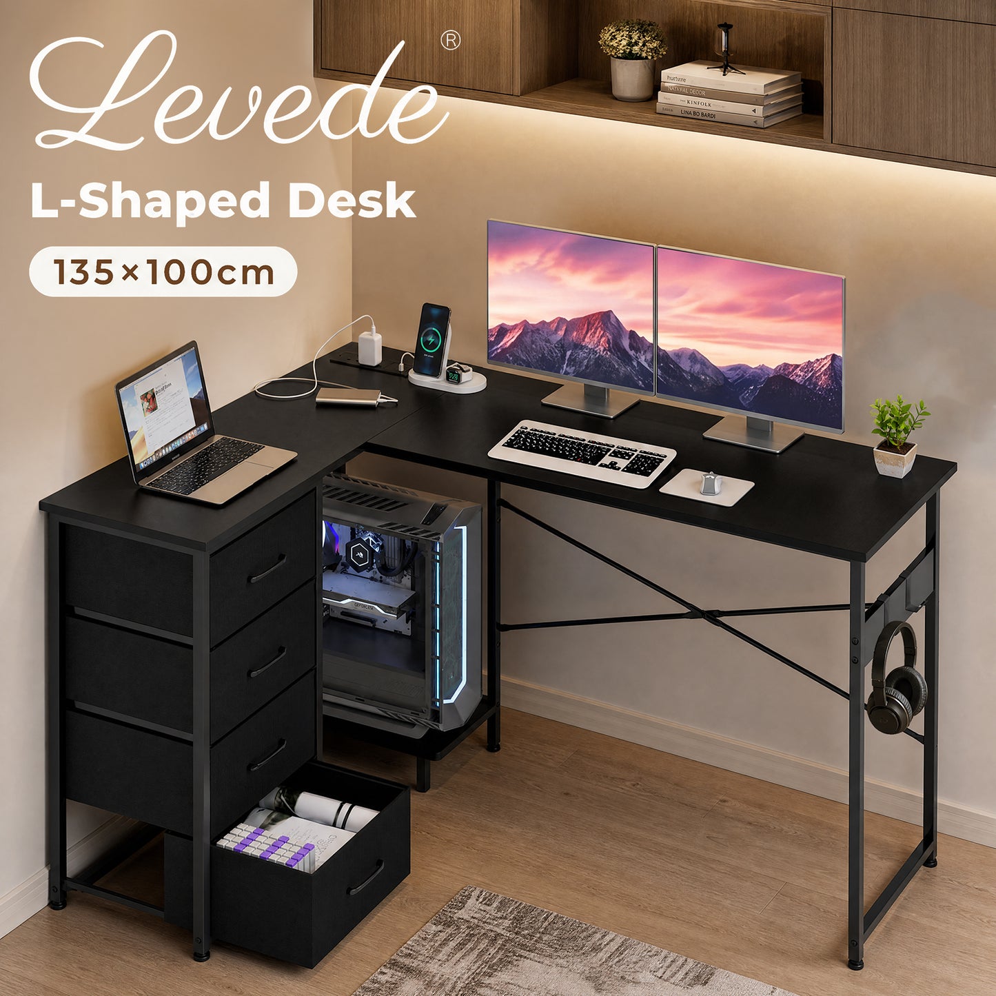 Levede L-shaped Office Desk Corner Computer Table with Storage USB Power Charing