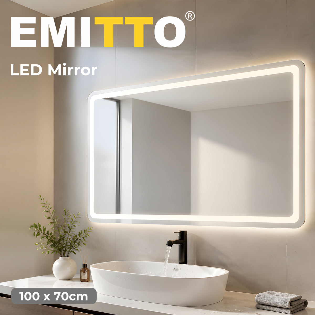 Emitto LED Wall Mirror Anti-fog Bathroom Mirrors Makeup Light 100x70cm