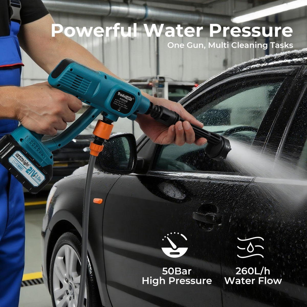 Traderight Cordless Portable Pressure Washer 50Bar 260L/H Spray Gun Car Cleaner
