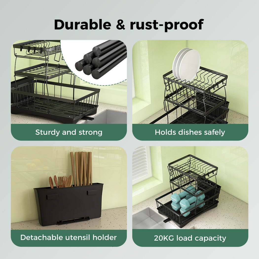 Toque Dish Drying Drainer Rack 3 Tier with Drip Tray Plate Cup Cutlery Holder