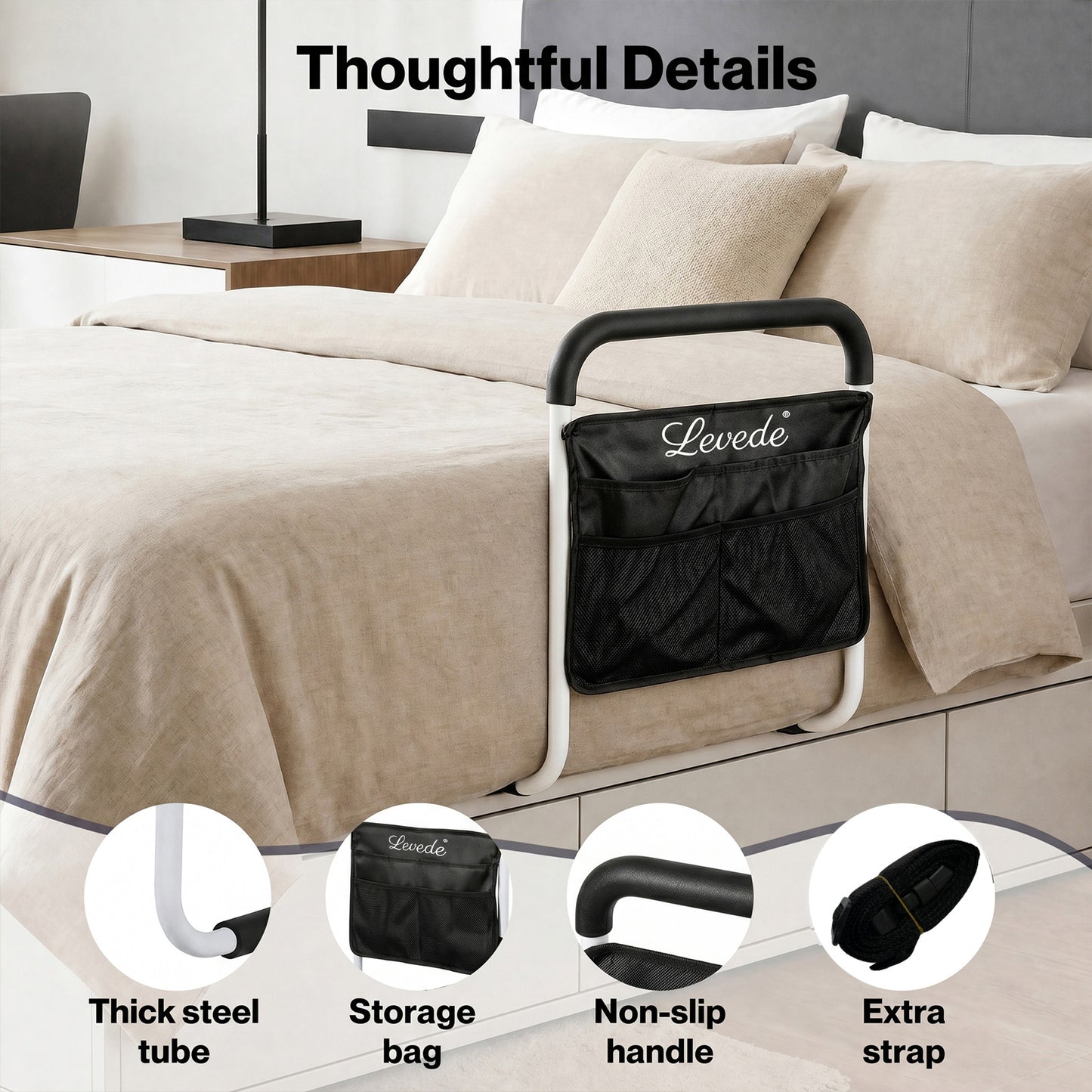Levede Bed Rails Adjustable Heights Storage Pocket Assist Support Side Railings