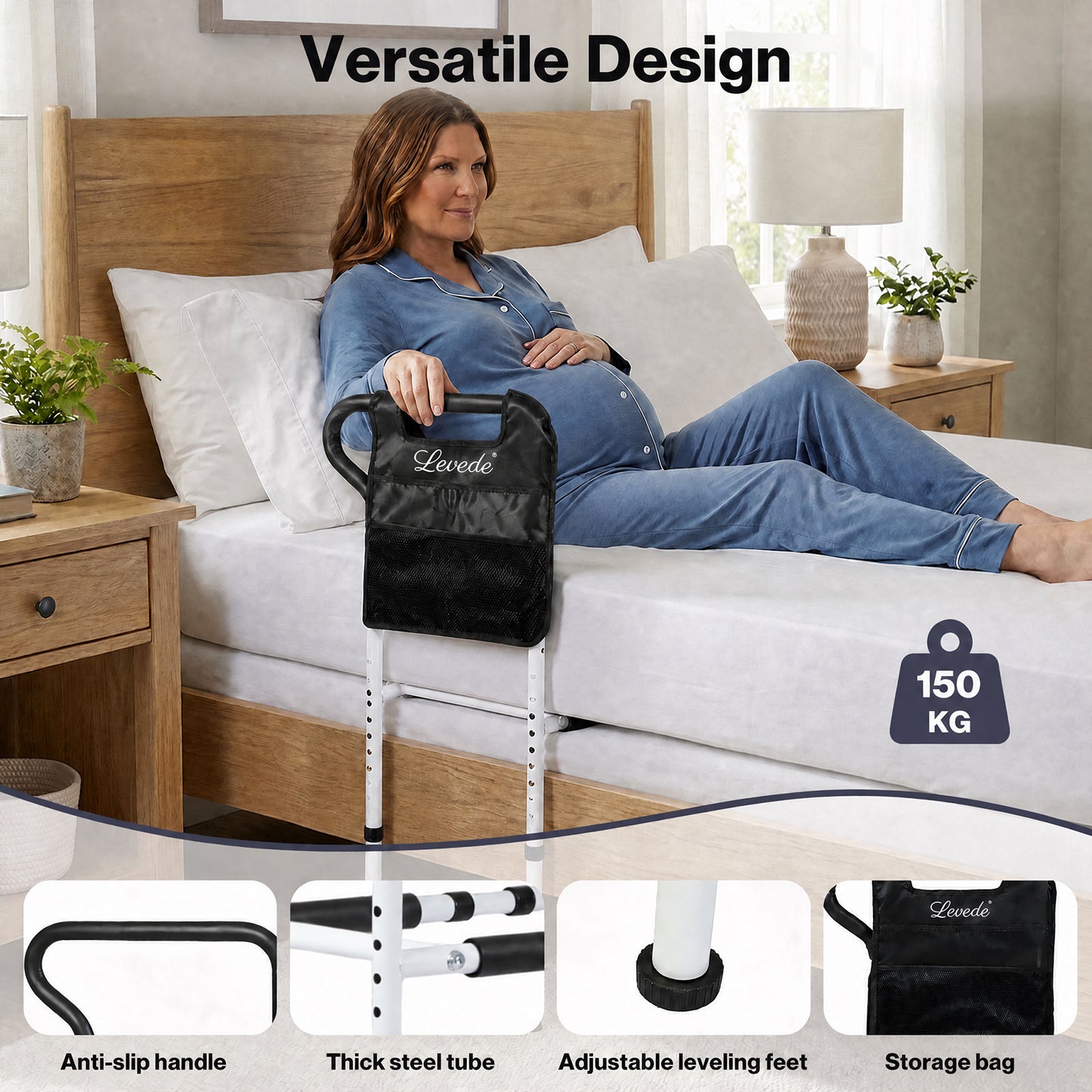 Levede Bed Rail Frame Adjustable Bedside Support Bar Bedroom Handle Storage Bag