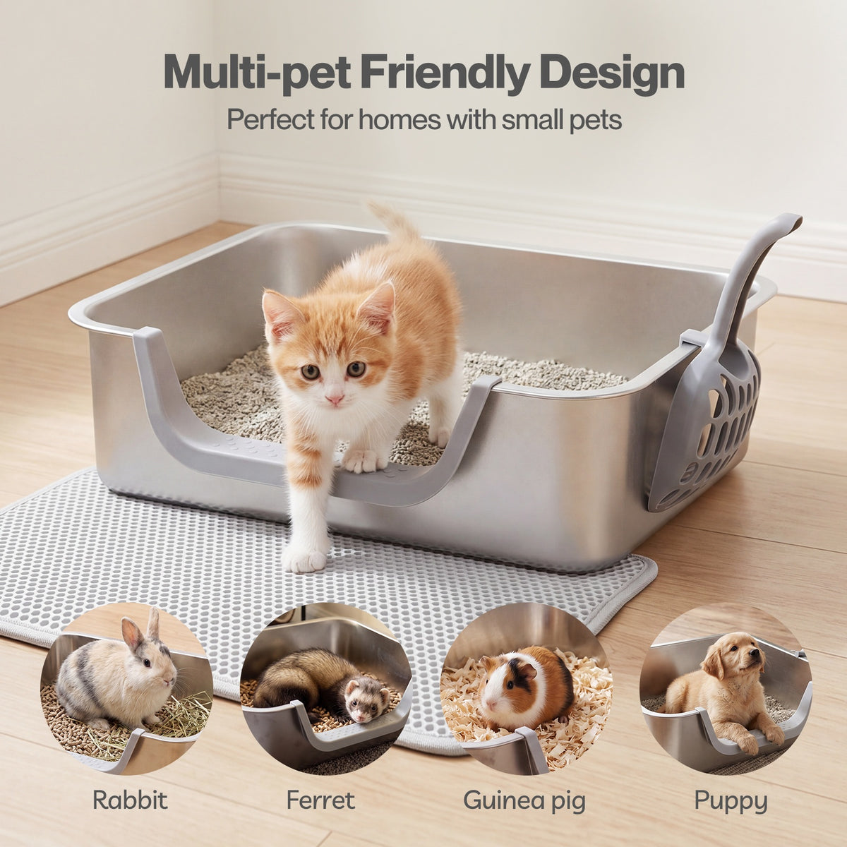 Skylos Cat Litter Tray Stainless Steel 7.5cm Low Entry High Sides 201 Steel