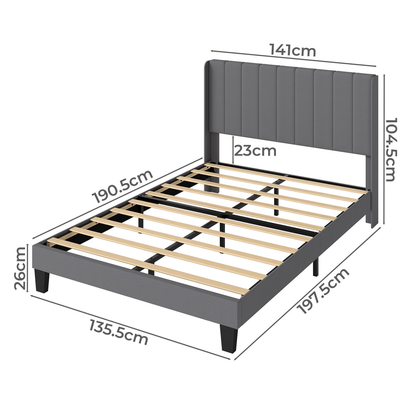 Levede Metal Wooden Bed Frame Double Panel Plush Upholstered Soft Headboard Grey