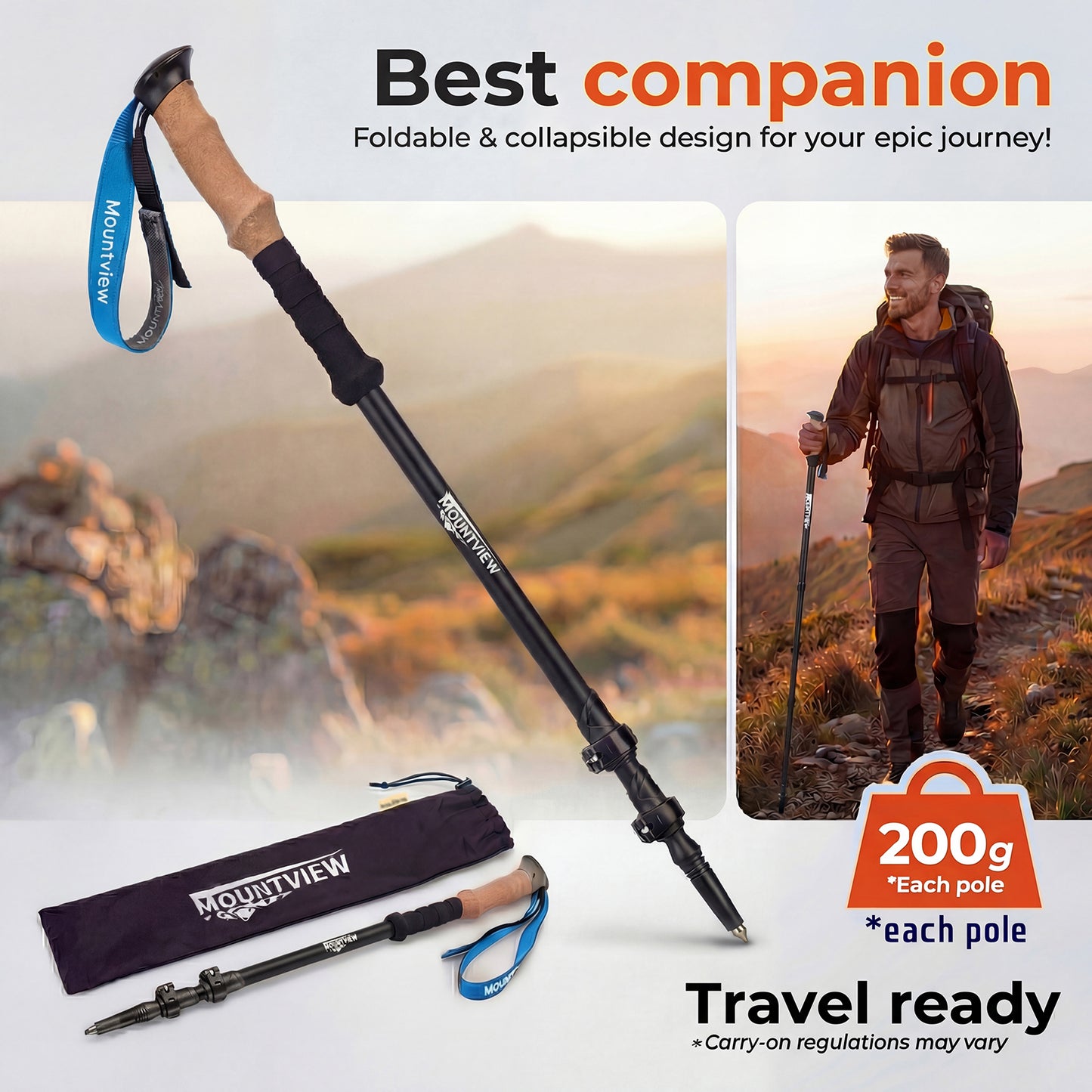 Mountview Trekking Poles Carbon Fibe Lightweight Hiking Sticks 2PC Black