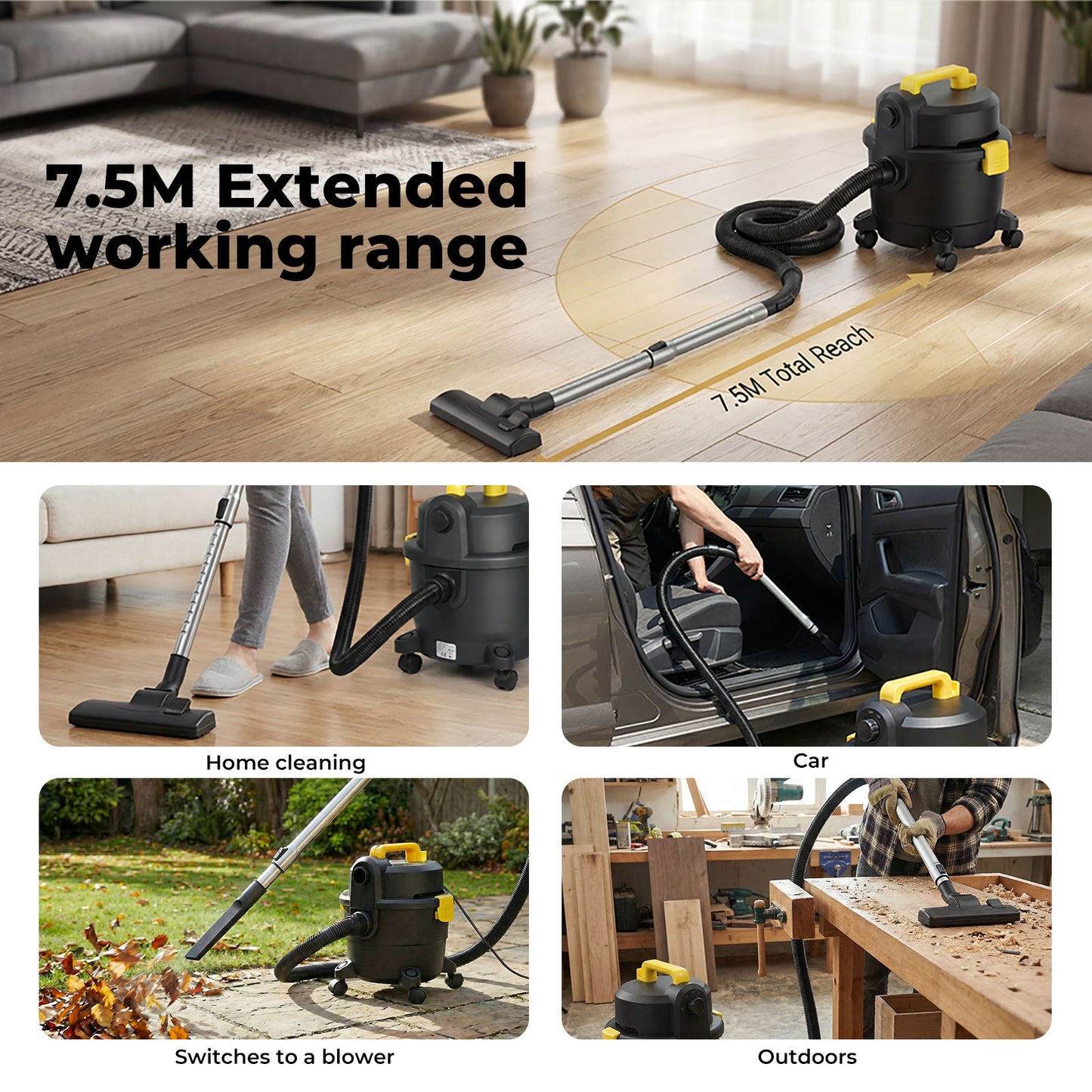Spector Wet and Dry Cylinder Vacuum Cleaner Powerful Suction HEPA 1000W 15L