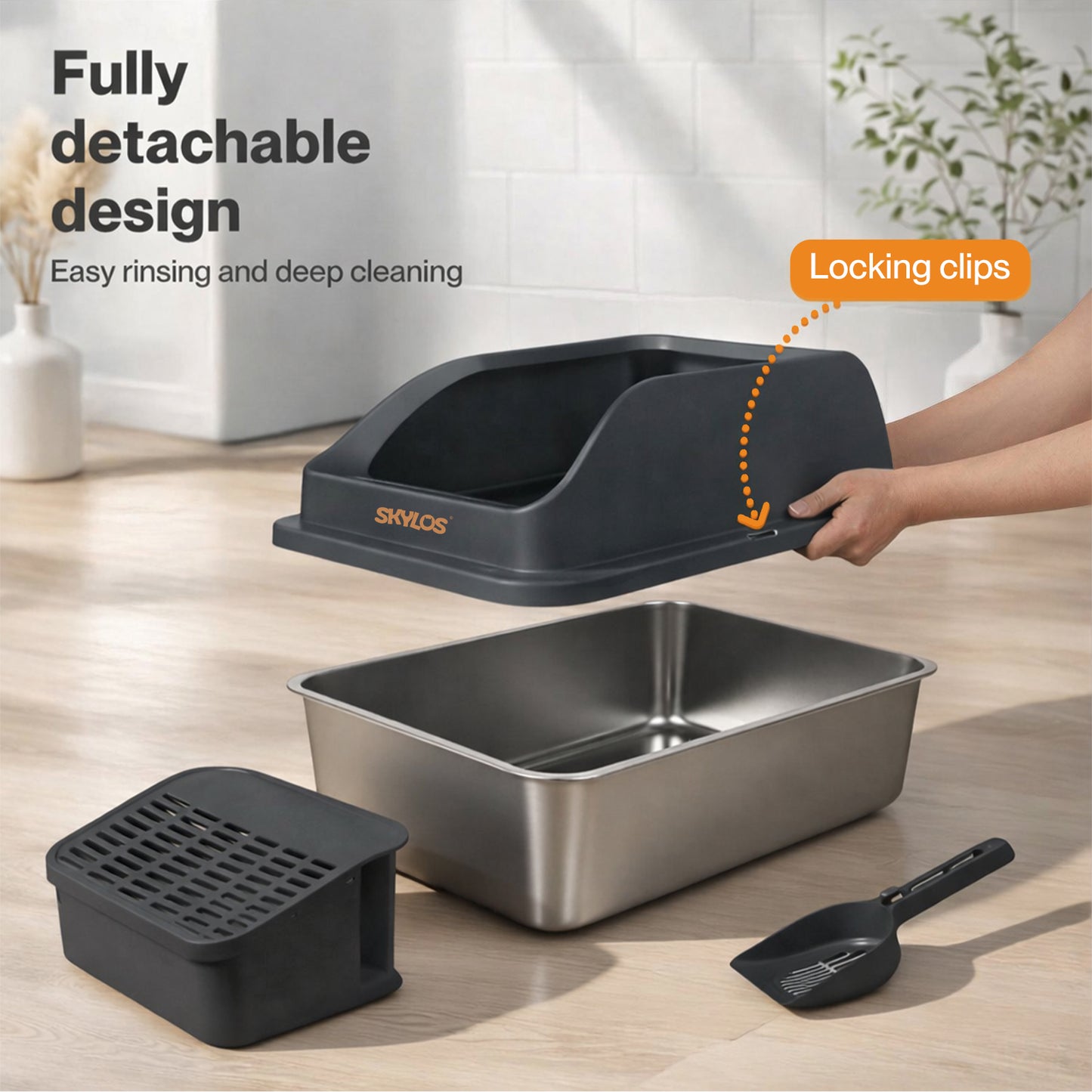 Skylos Stainless Steel Cat Litter Box Big Cats Kitten High Sided Easy Clean Grey