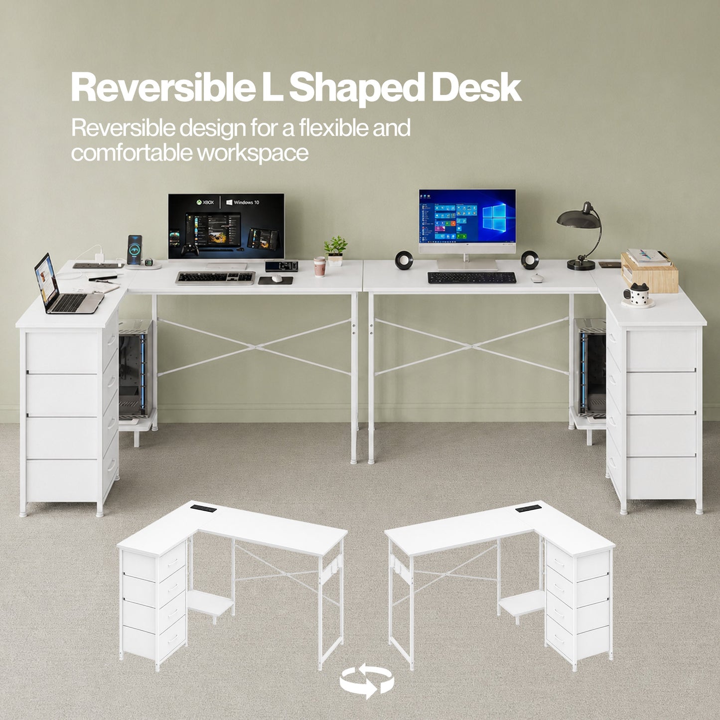 Levede Corner Desk L Shaped with Drawers Power Outlet Office Gaming Wood White