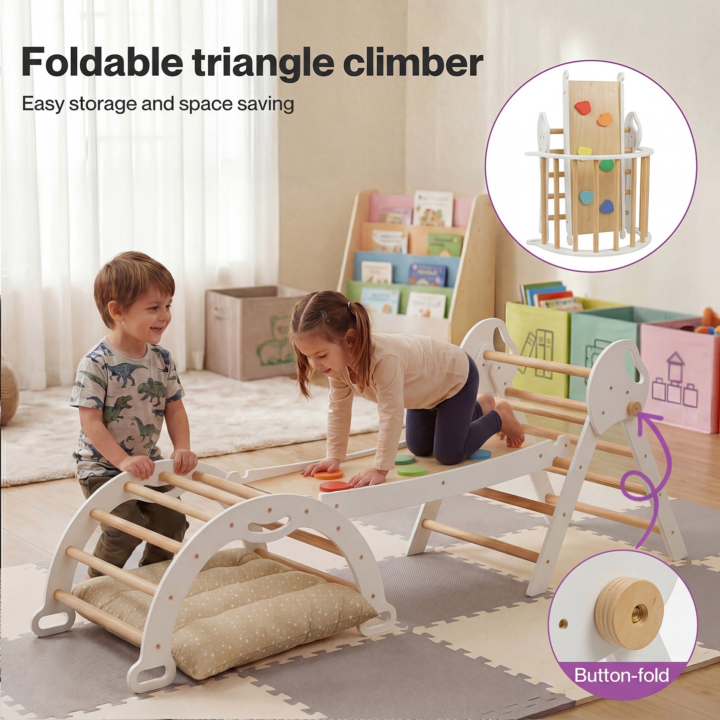 DEKKO 8 in 1 Triangle Climbing Set Kids Wooden Climber with Arch Slide White