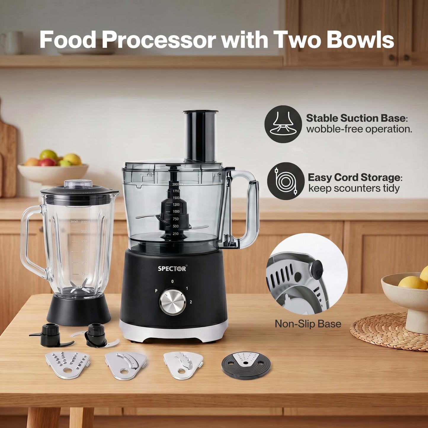 Spector Food Processor 1500W 2-Speed Pulse 2.5L Chopper 1.5L Glass Jug Black