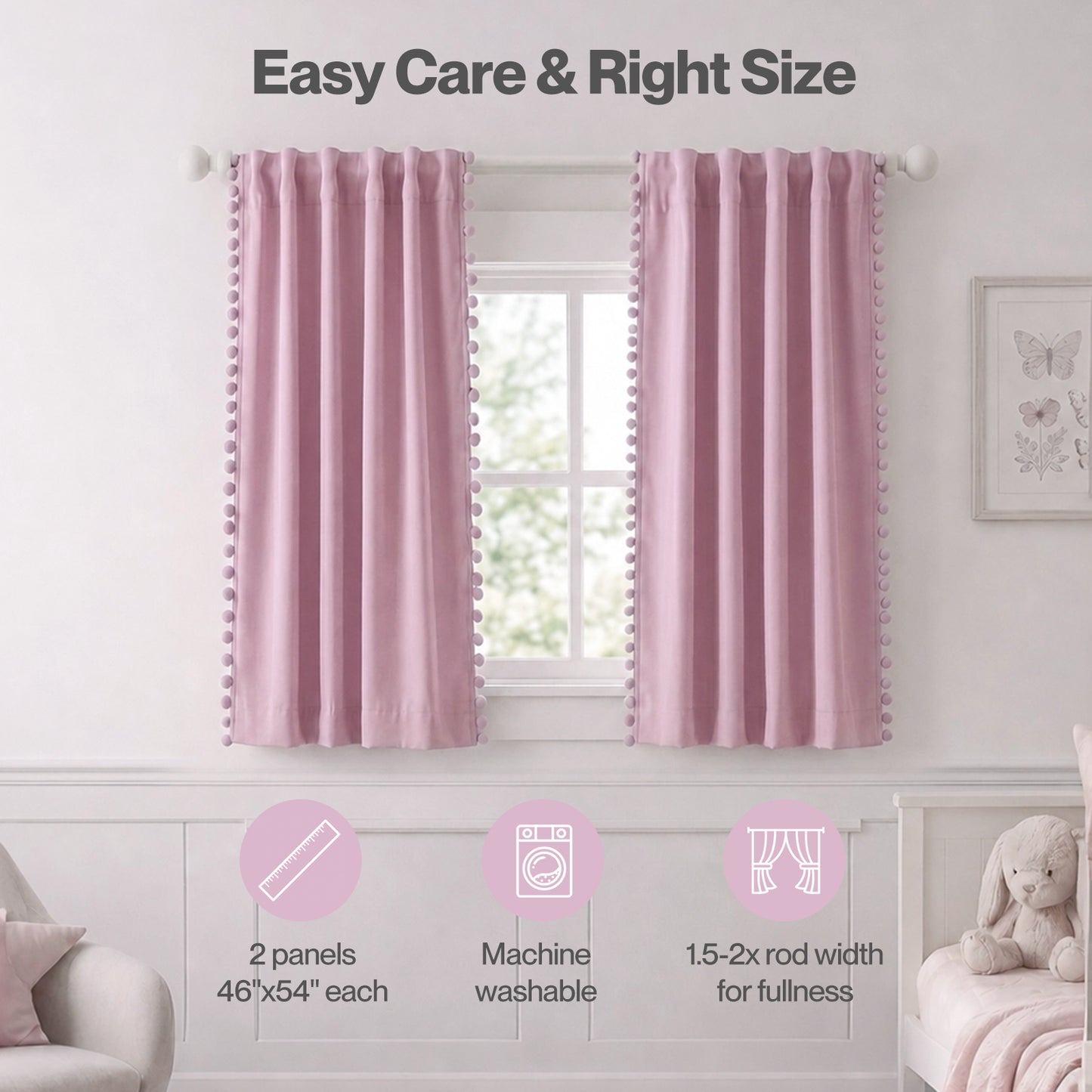 Marlow Pink Pom Pom Curtains for Nursery Baby Girls Room 46"x54" in Pink