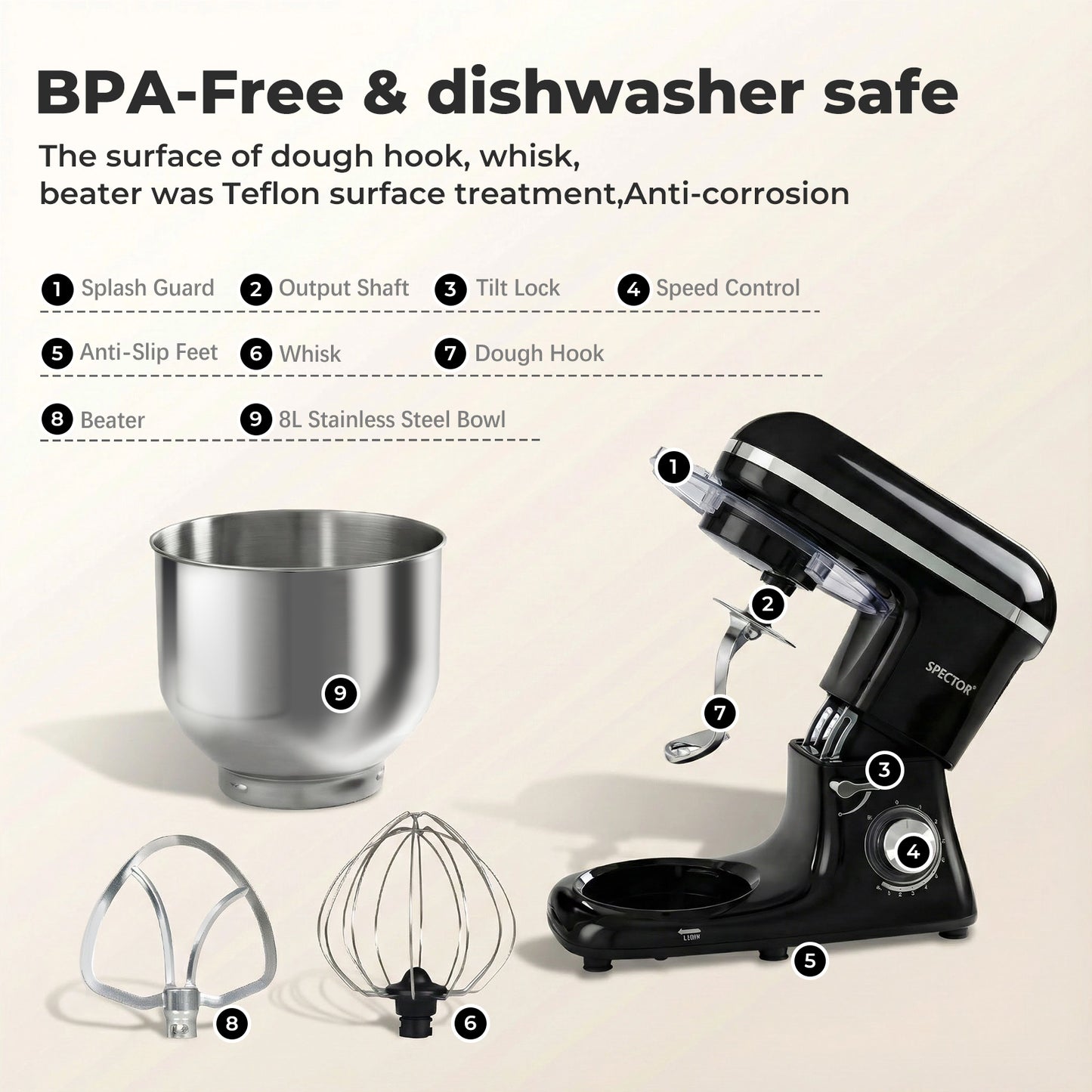 Spector Electric Food Stand Mixer 8L Stainless Steel Mixing Bowl 1300W 10 Speeds