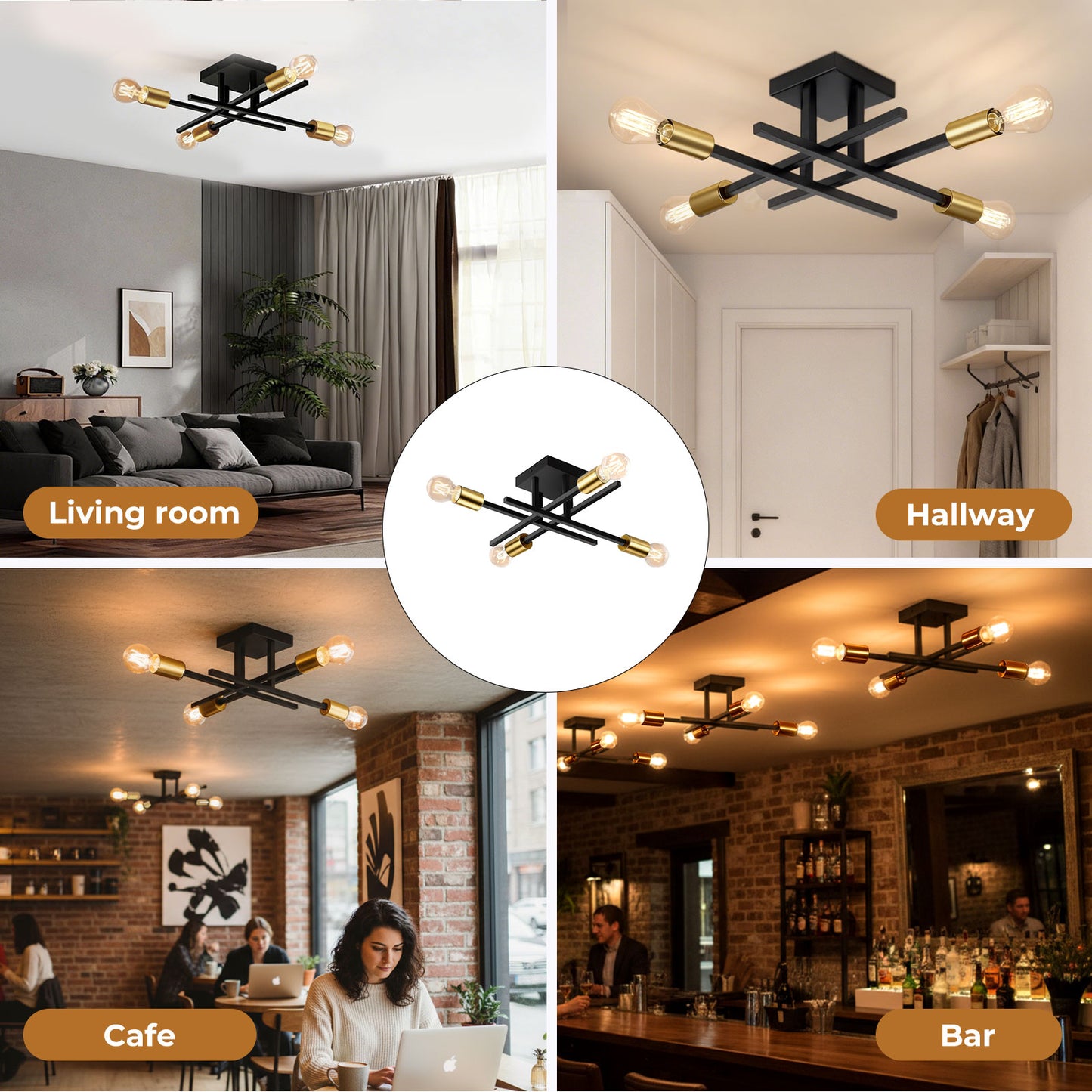 EMITTO Semi Flush Mount Ceiling Light Fixture Matte Black & Gold 4 Light E27
