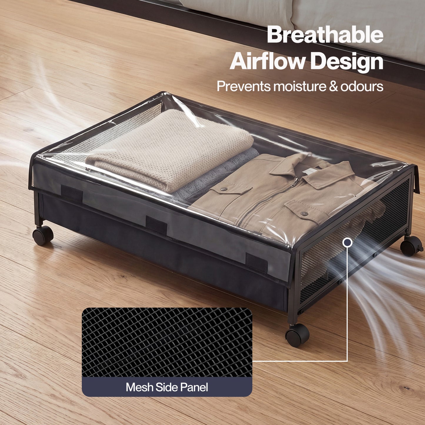 Levede Under Bed Storage Box with Lid Wheels 48L Metal Frame Black