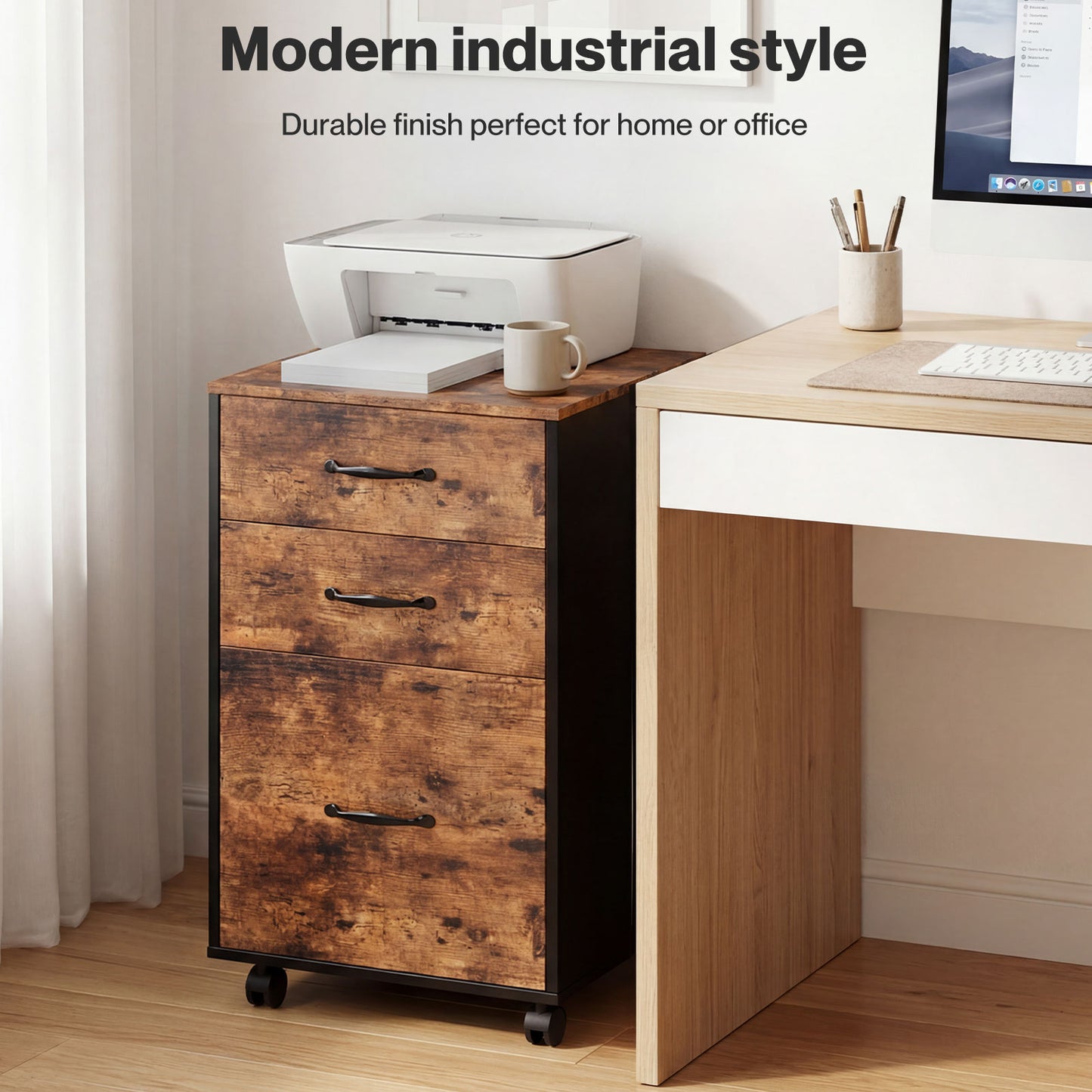 Levede File Cabinet Mobile Filing Cabinet Office with Wheels 3 Drawers Walnut
