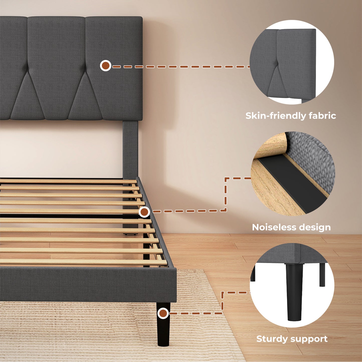 Levede Bed Frame Upholstered Linen Fabric Wooden Slats with Headboard King Size