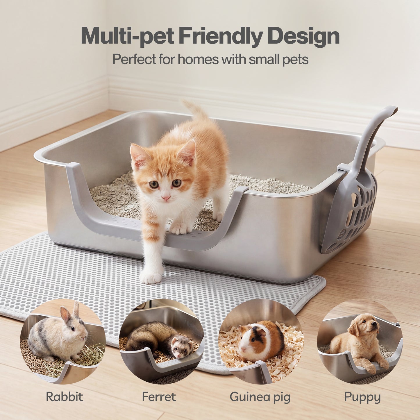 Skylos Cat Litter Tray Stainless Steel 7.5cm Low Entry High Sides 201 Steel