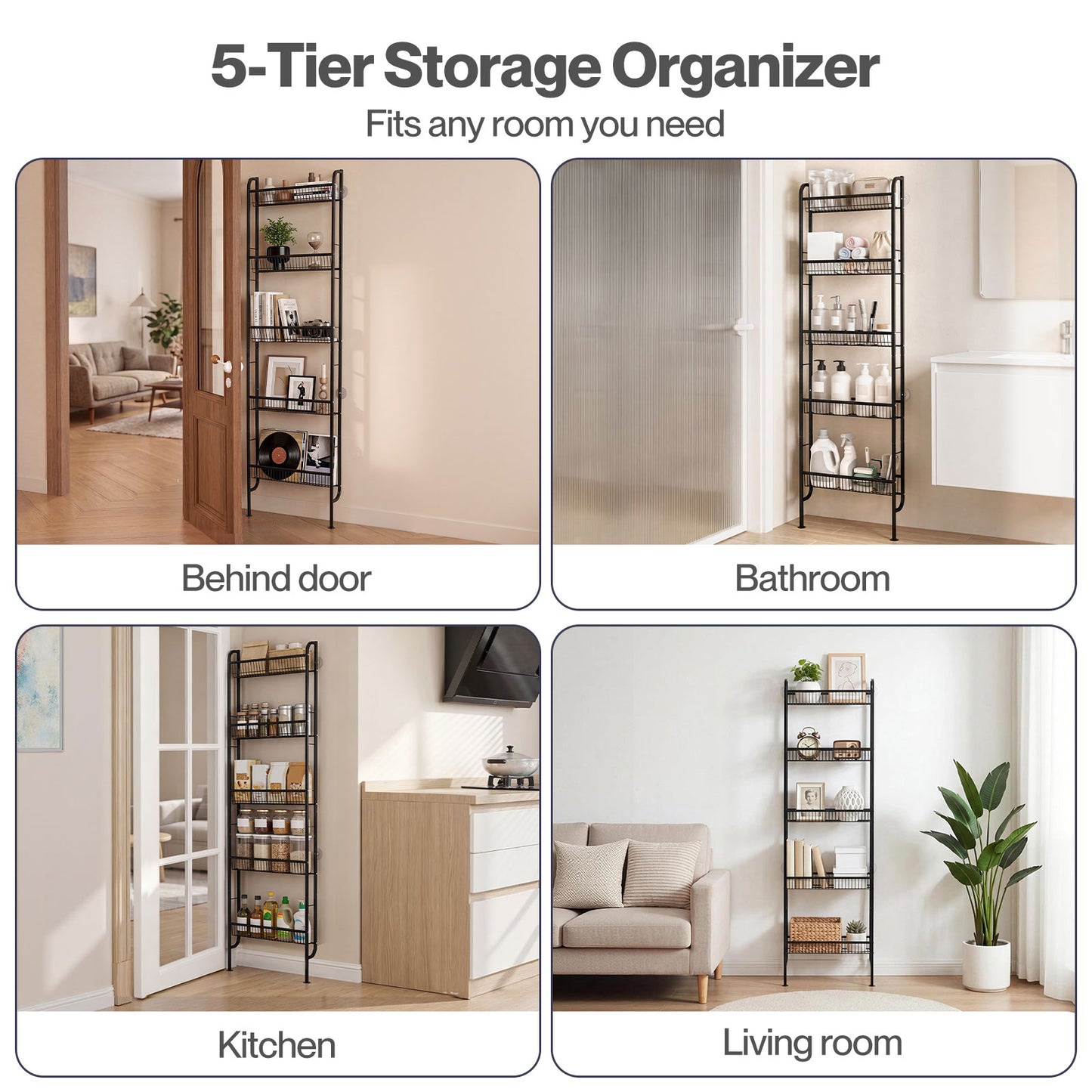 Levede Behind Door Storage Organiser Narrow 5-Tier Bathroom Shelves Steel Black