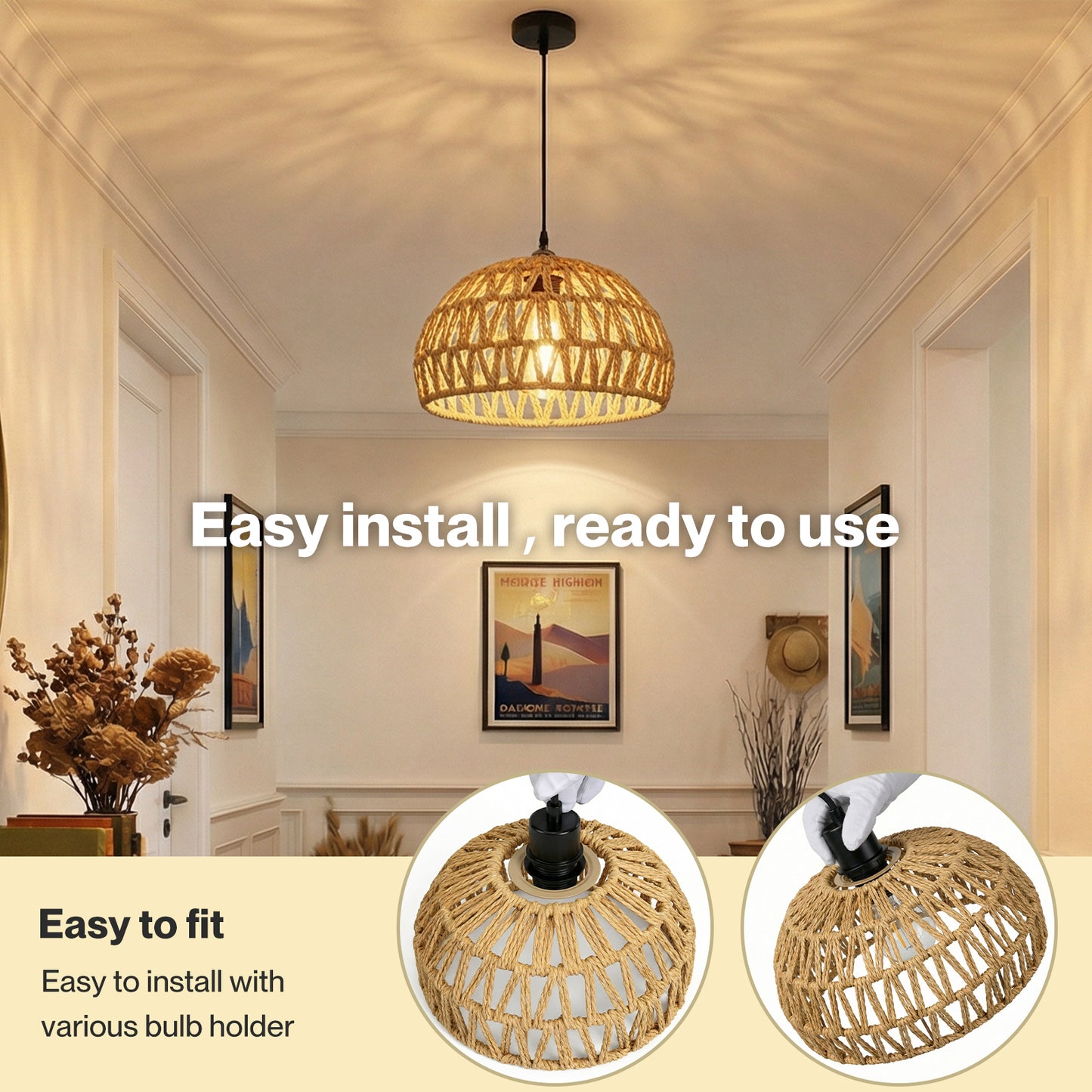 Emitto Rustic Ceiling Pendant Light Shade Hemp Rope Lamp Shade Boho Yellow 23cm
