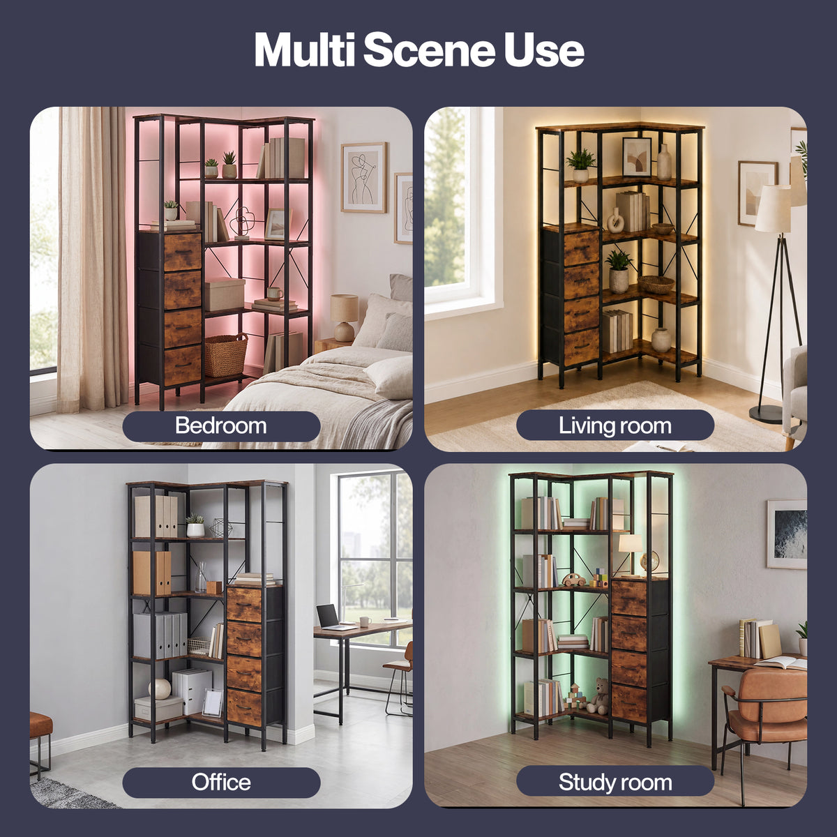 Levede Corner Bookcase with 4 Fabric Drawers & LED Light 5 Tier Bedroom Rustic