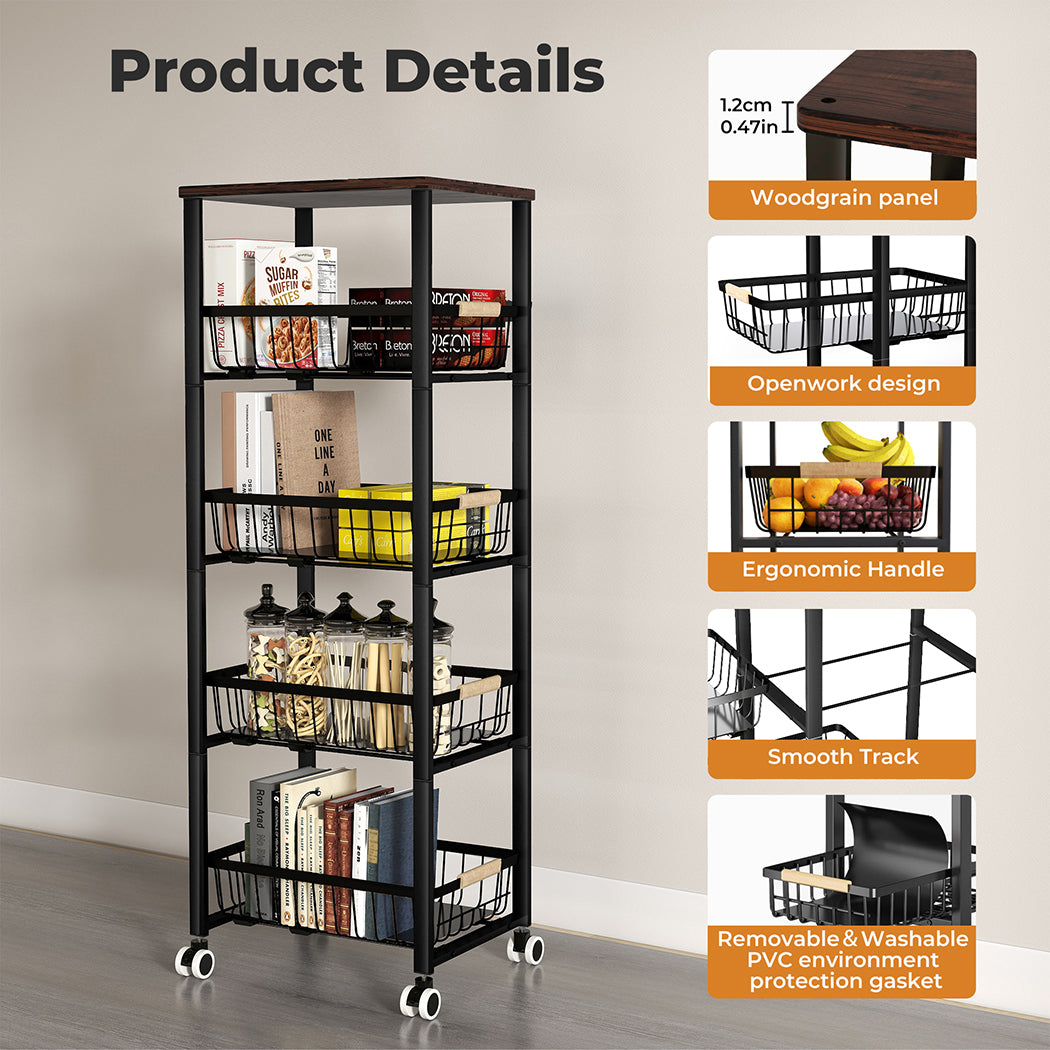 Levede 5 Tier Kitchen Trolley Storage Rack Cart Rolling Trolley Wheels Handle