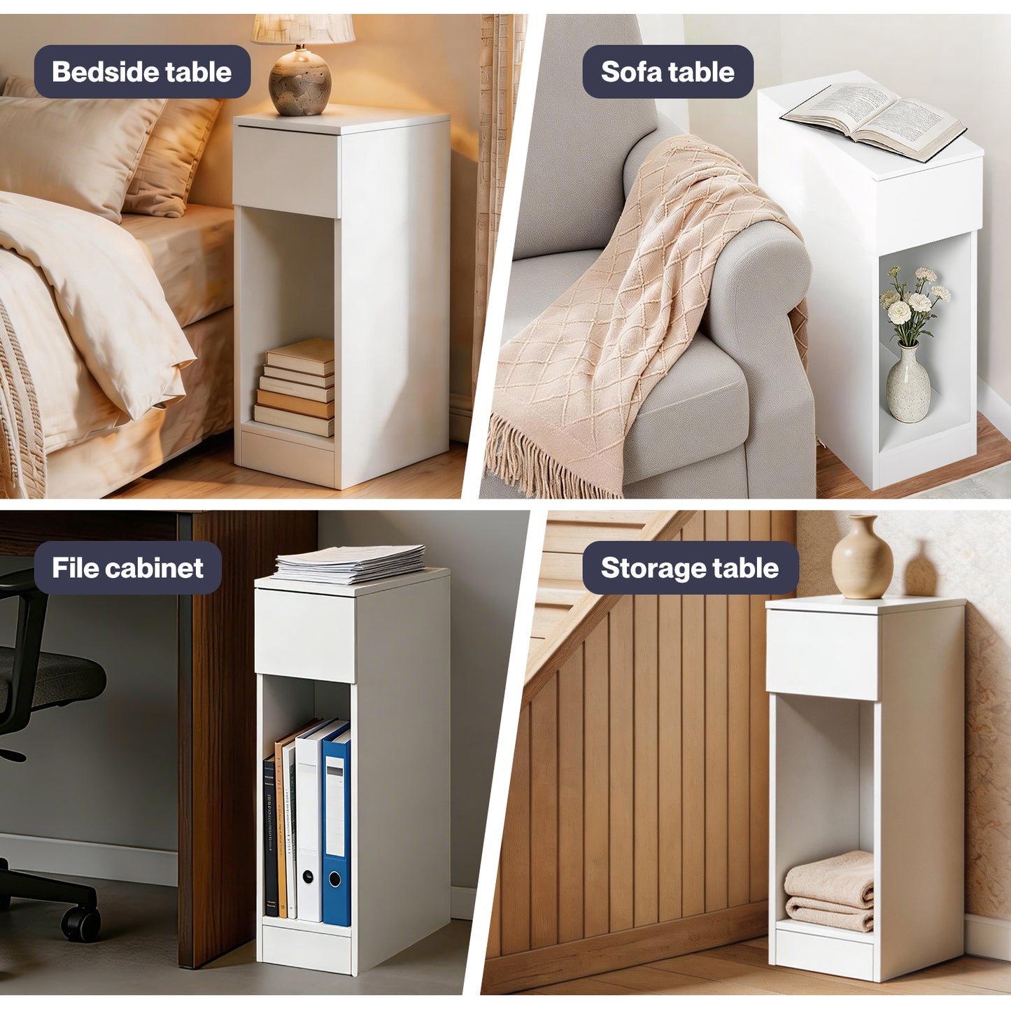 Levede Bedside Table Cabinet Narrow Slim Side Cabinet White Drawer Open Shelf