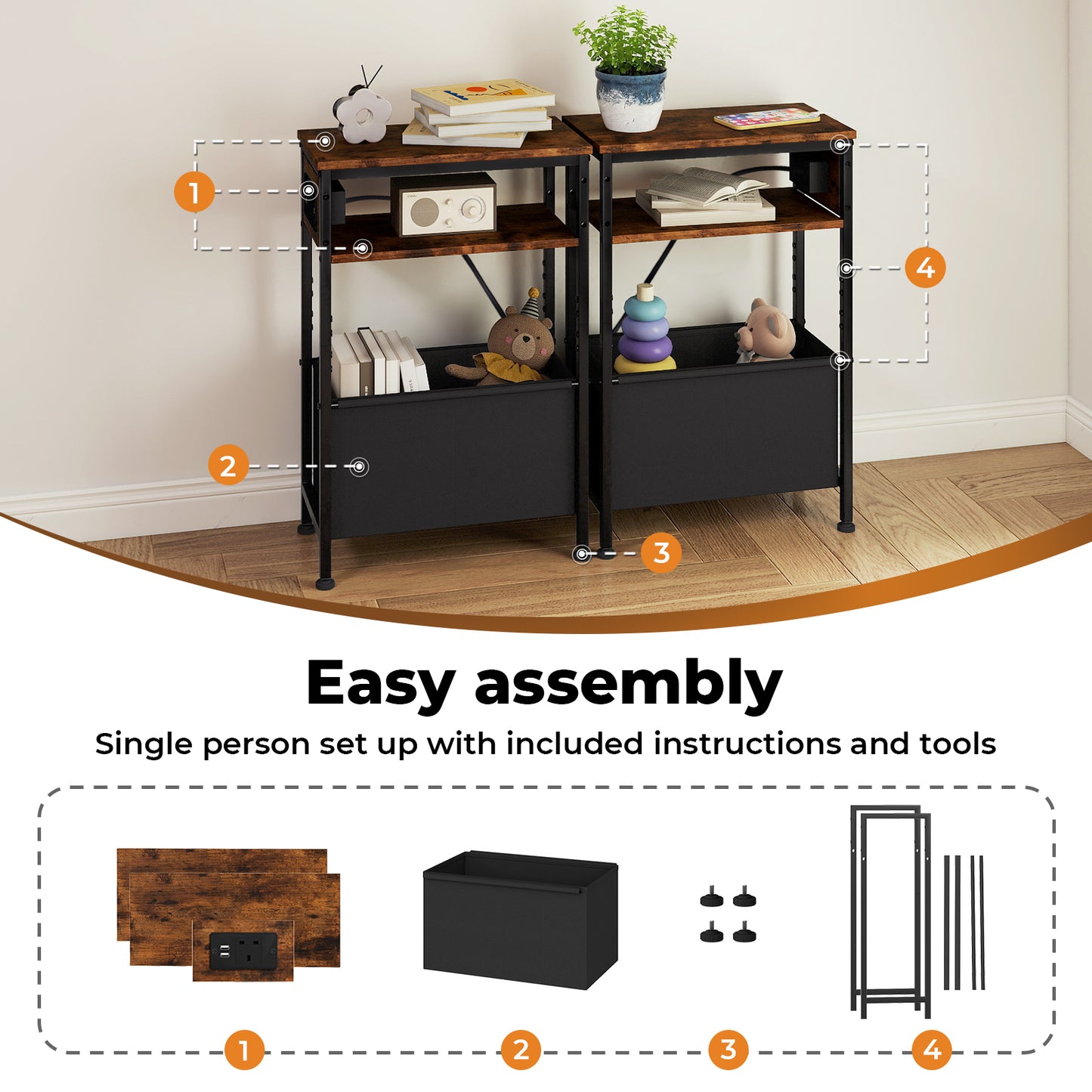 Slim Side Table with Charging Station Storage Narrow End Table Sofa Living Room
