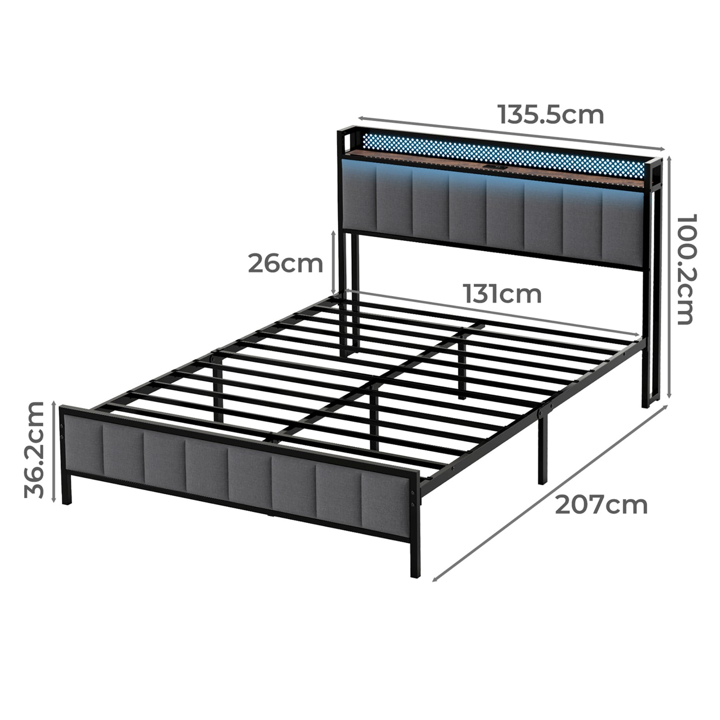 Levede Double Bed Frame Upholstered Headboard Metal Mattress Base LED Lights USB