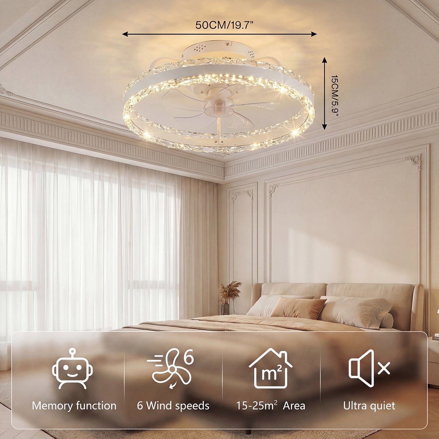 Emitto LED Ceiling Fan Light Dimmable 6 Speed Lamp Living Room with Remote APP