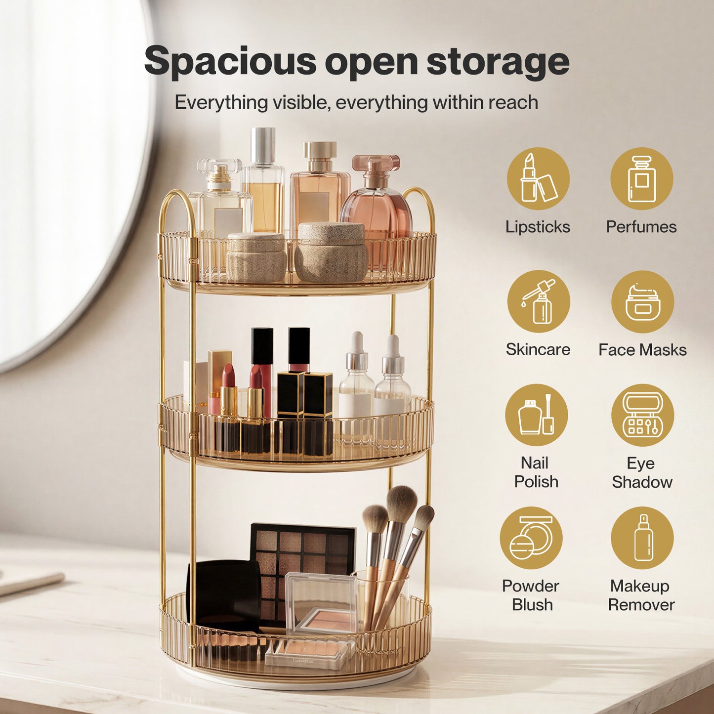 ilus Makeup Organiser 360 Rotating Spinning 3 Tiers Cosmetic Organizer Gold
