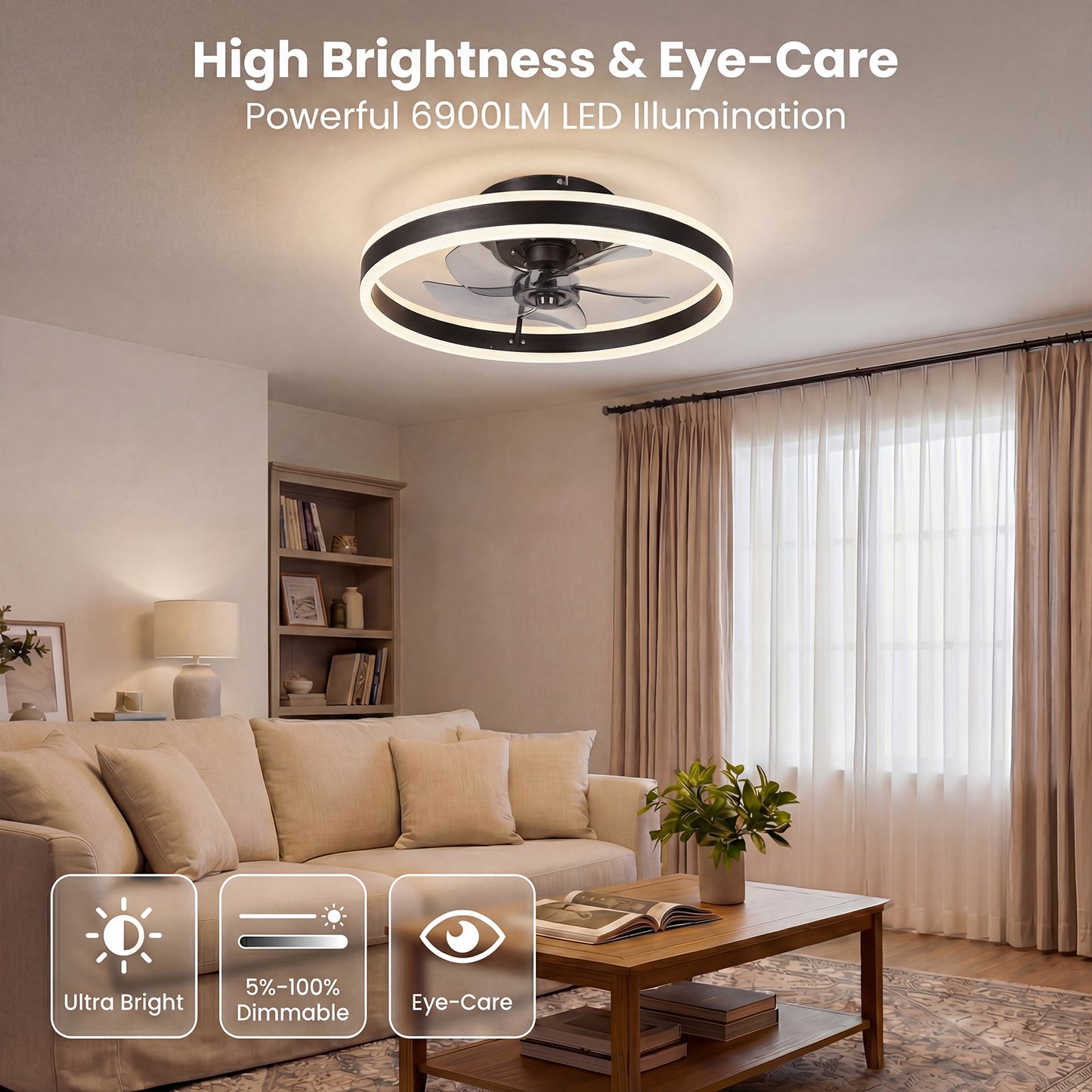 Emitto Ceiling Fan with Lights Remote Modern LED Dimmable Quiet 6 Speeds Black