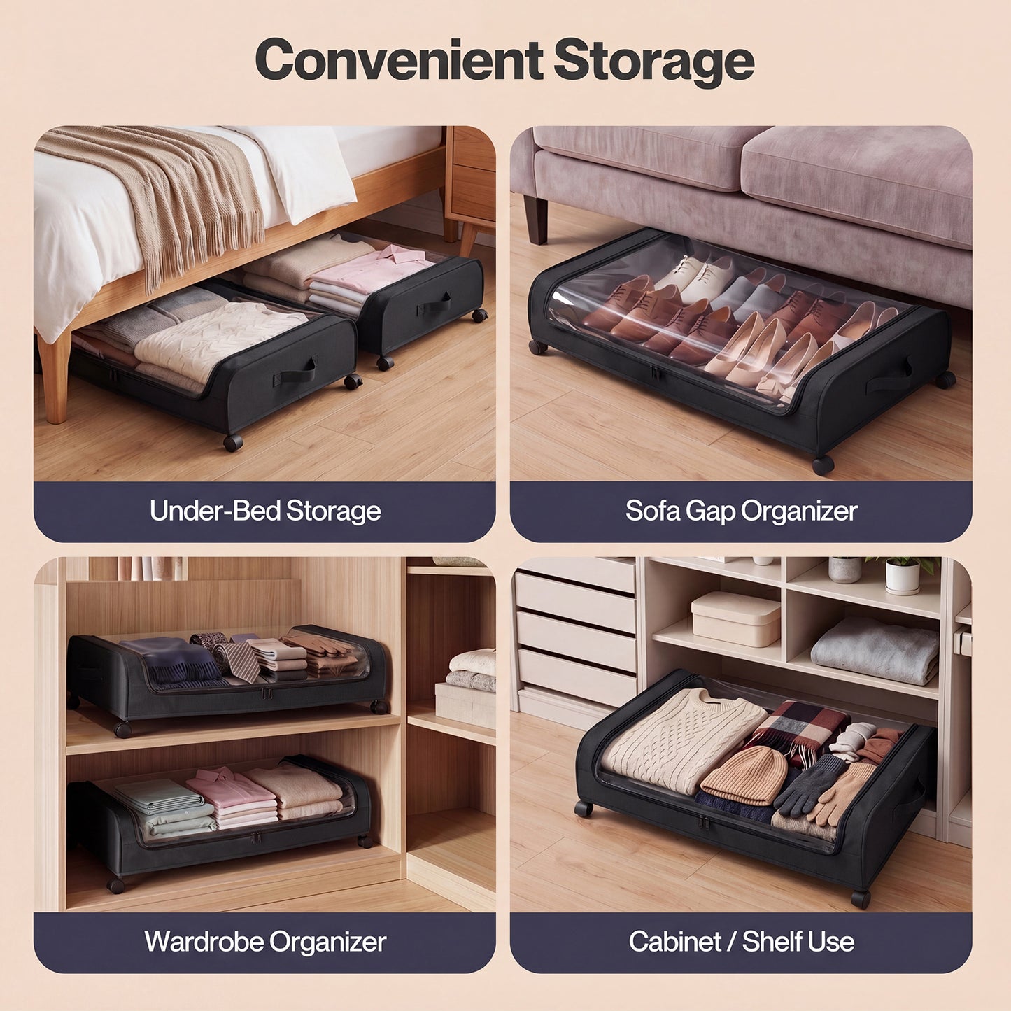 Levede Under Bed Storage Boxes with Lids 46L x2 Rolling Black Oxford