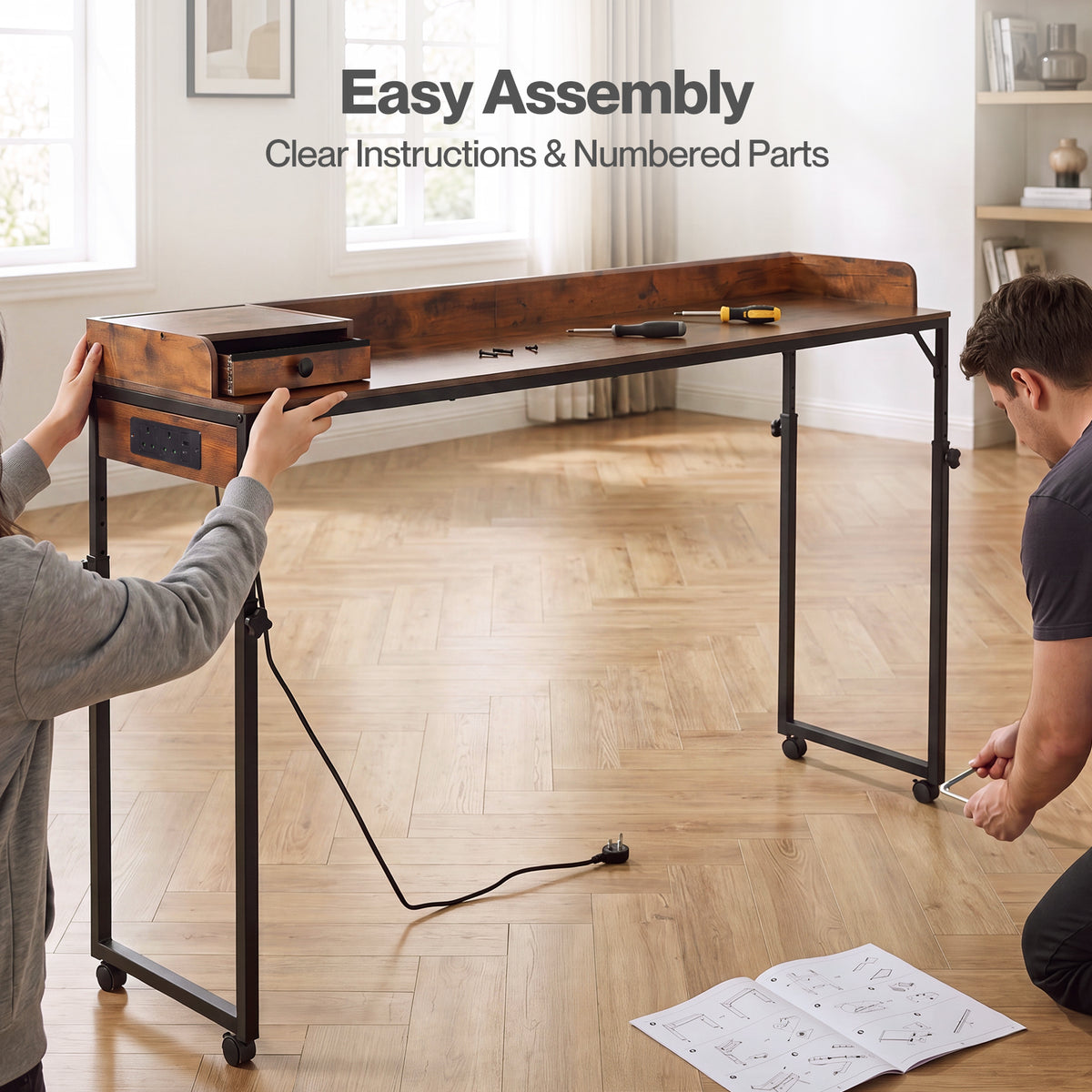 Levede Overbed Table 180cm 84-109cm Mobile with Charging Station Bedroom Brown