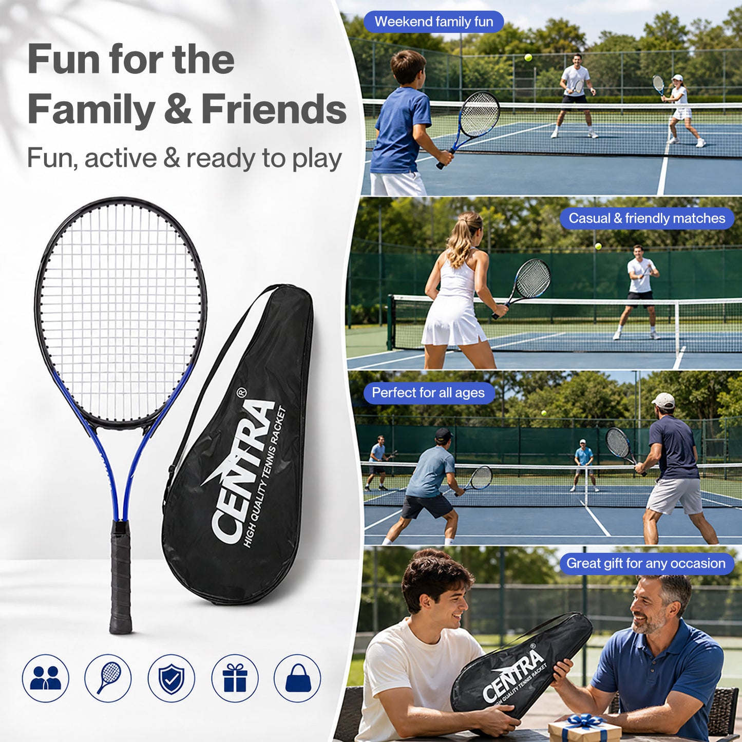 Centra 9Pcs Tennis Racket Set Lightweight Racquet Balls Carry Bag Overgrips