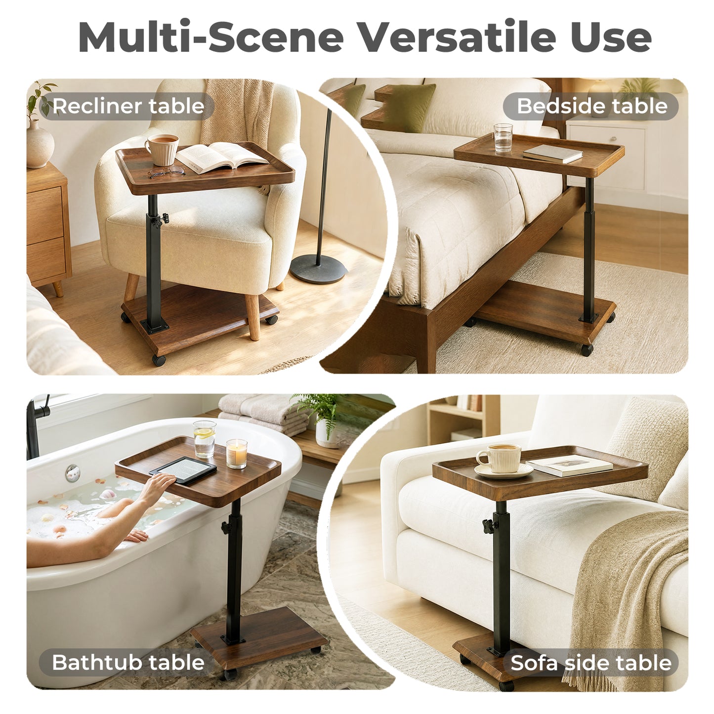 Levede C Shaped Side Table Height Adjustable Rolling 360° Swivel Top End Table