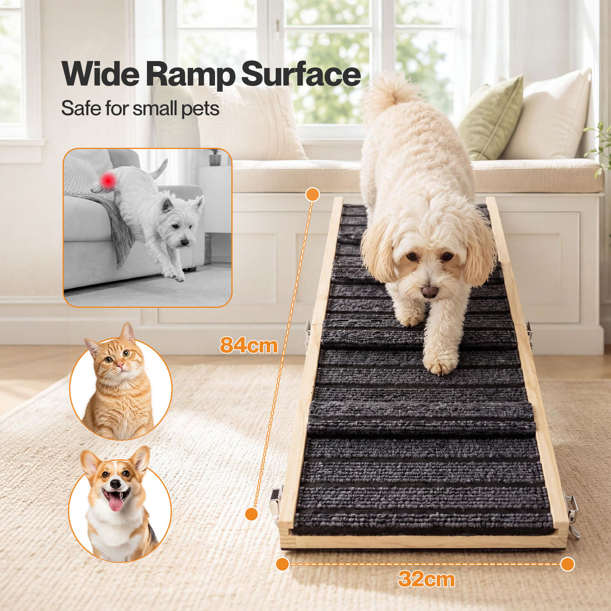 Skylos Dog Ramp Adjustable Folding 4 Heights Non Slip for Small Pets Natural