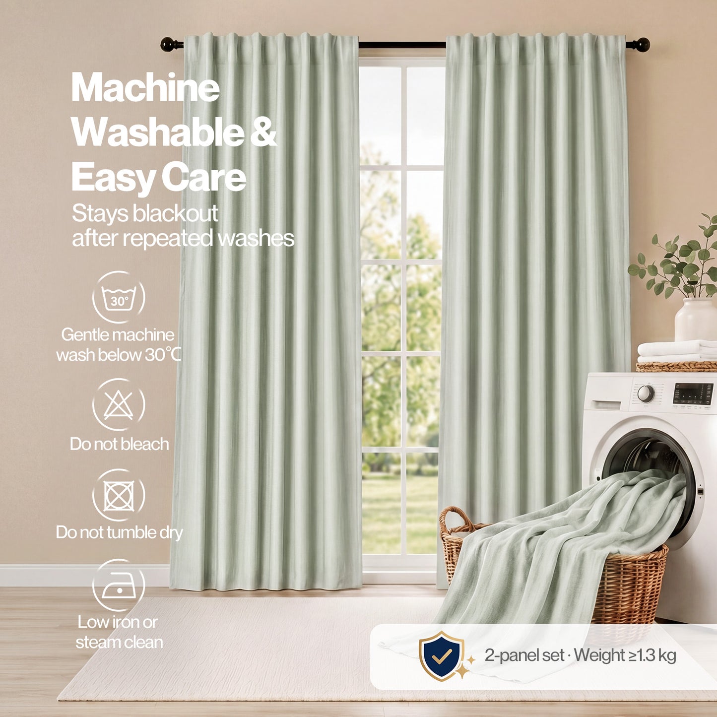 Marlow 100% Blackout Curtains Thermal Linen Look Pair Ready Made 52x84 in Green