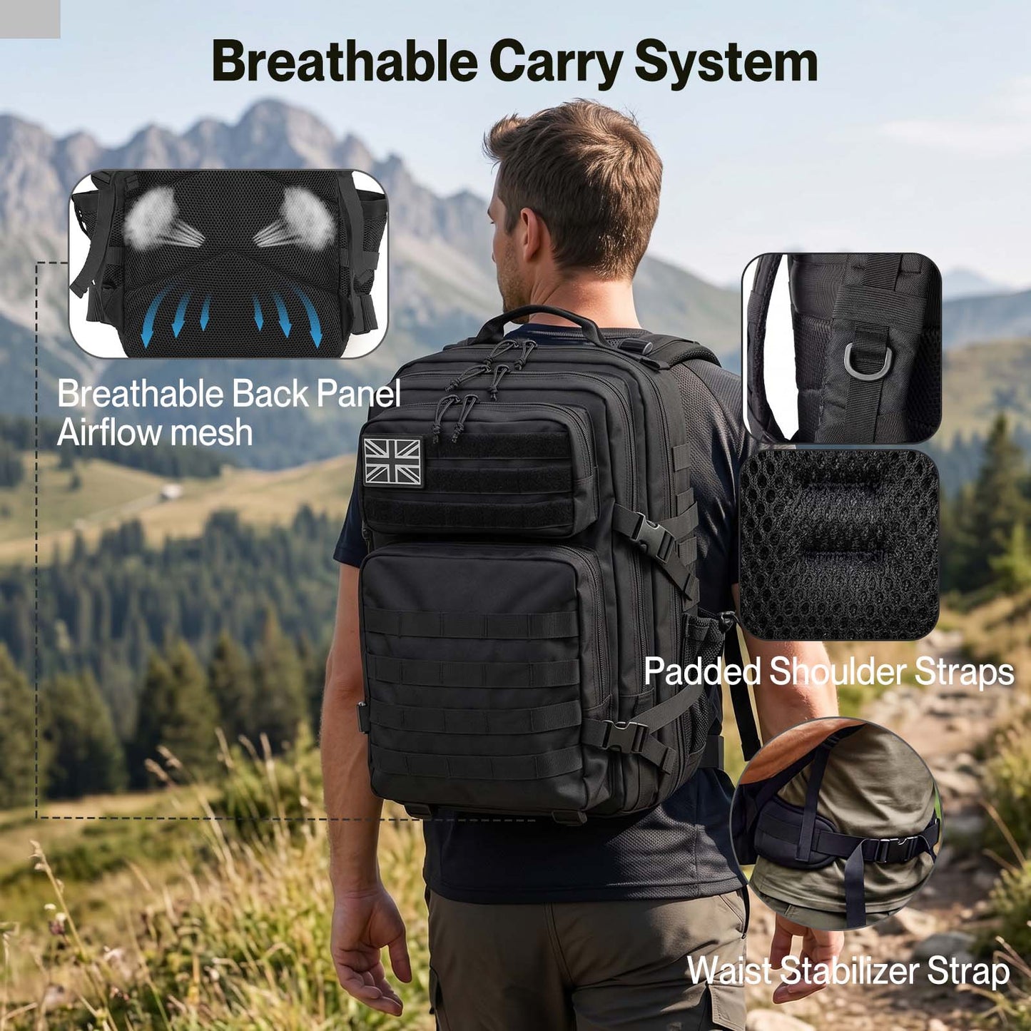 Swifto Military Backpack 45L Tactical Backpack 900D Oxford for Hiking Black