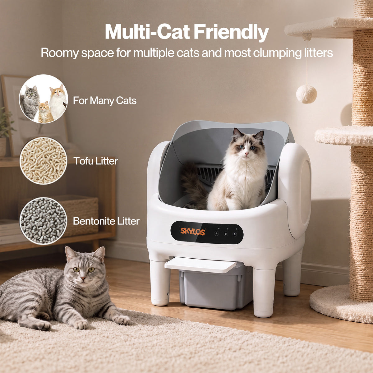 Skylos Cat Litter Tray Self Cleaning App Control Quiet for Multi Cats White