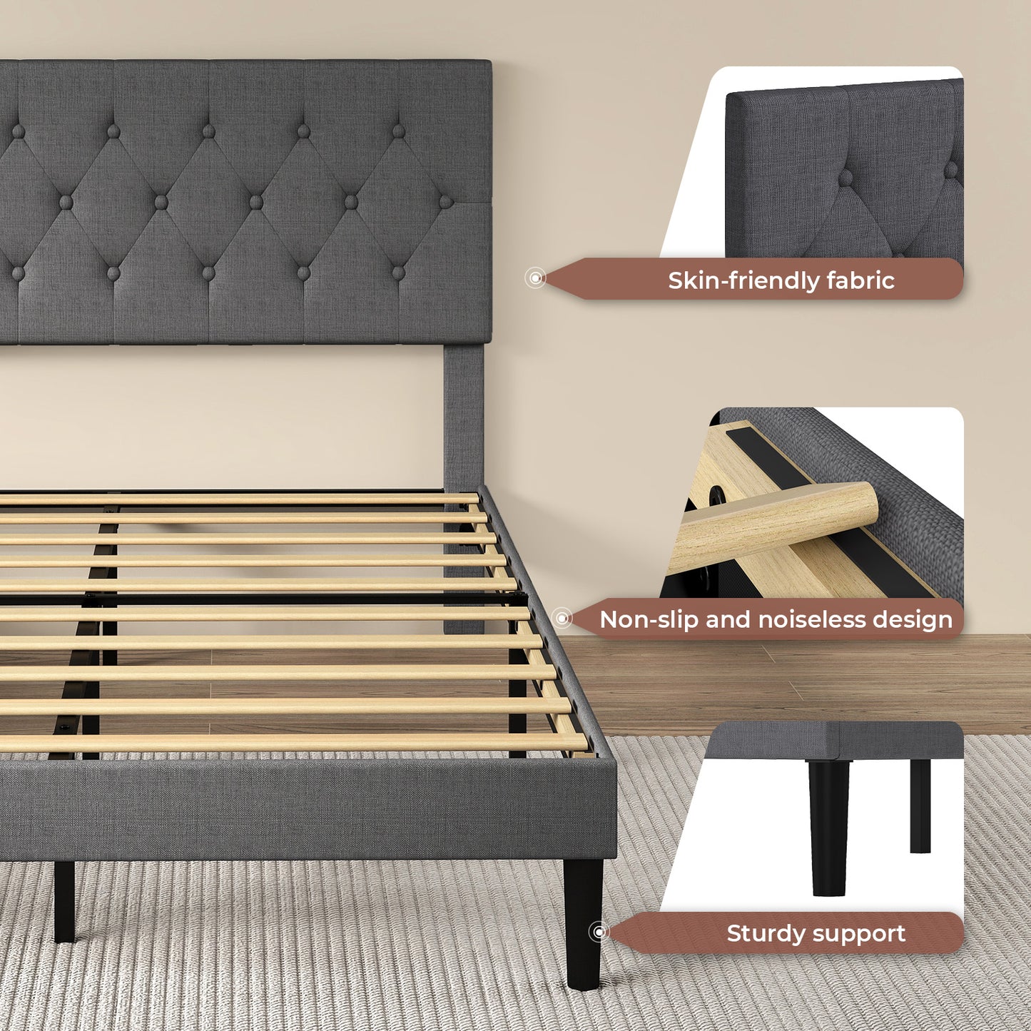 Levede Upholstered Bed Frame Wood Small Double Linen Fabric Soft Foam Headboard
