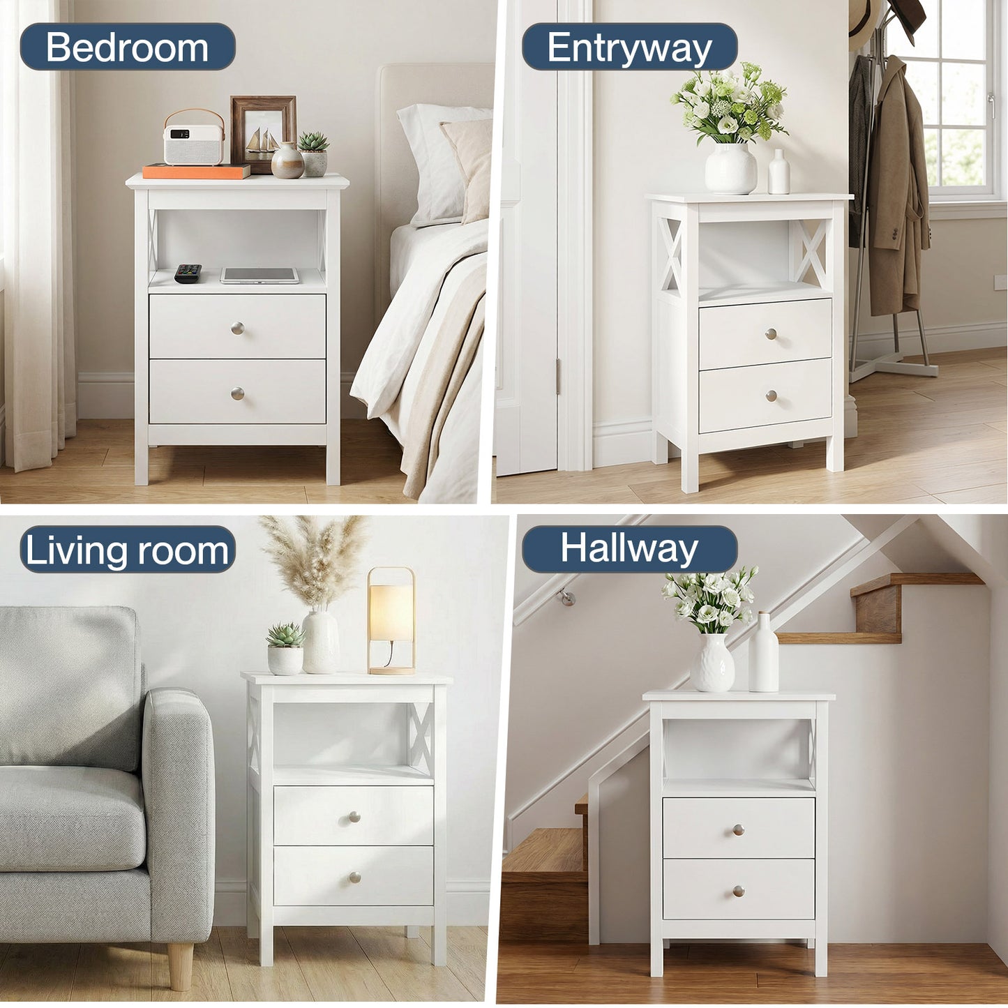 Levede Bedside Table Wood Nightstand Cabinet 2 Storage Drawers Open Shelf White