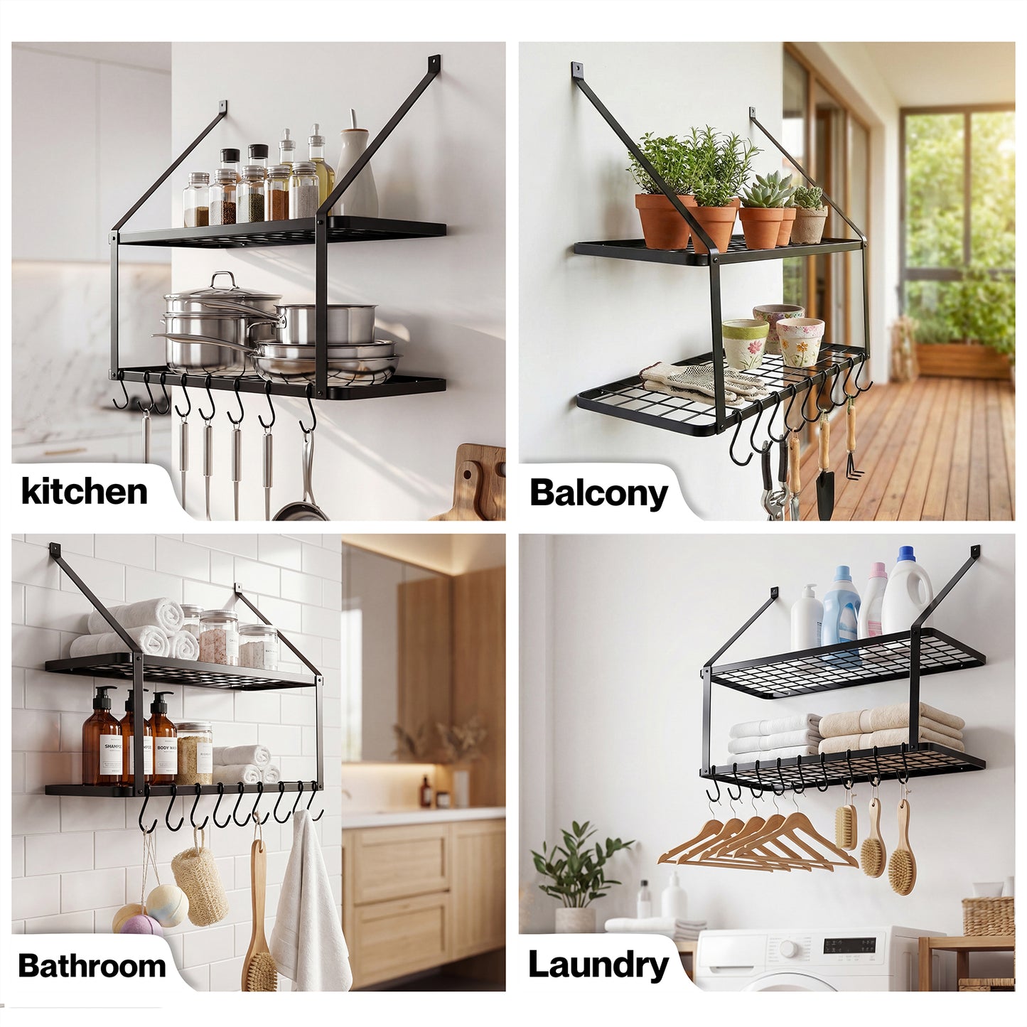 TOQUE Pot Pan Rack Wall Mounted Kitchen Shelf 2 Tier Storage Rack Metal 10 Hooks