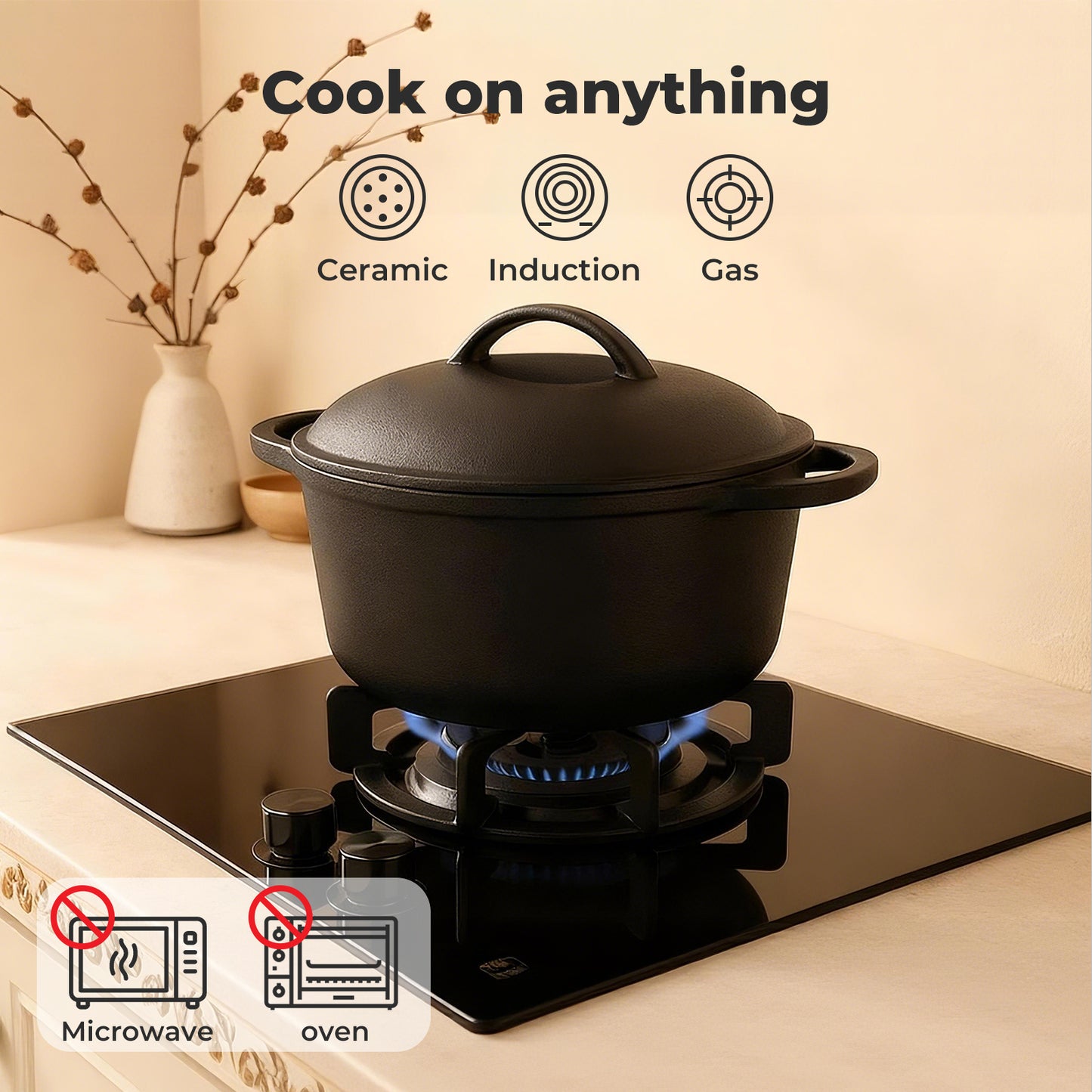Toque 6.6L Cast Iron Dutch Oven Heavy Duty Casserole Dish Pot Stockpot With Lid