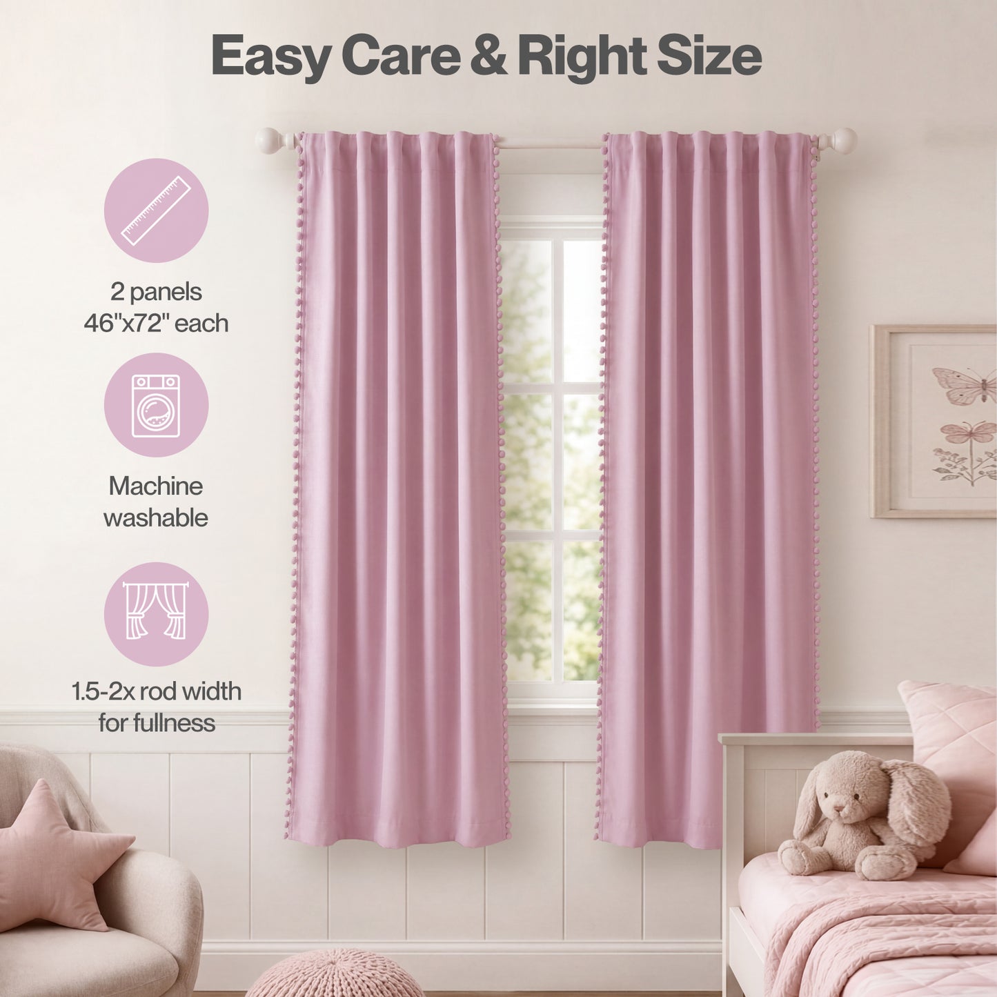 Marlow Pink Pom Pom Curtains for Nursery Baby Girls Room 46"x72" in Pink