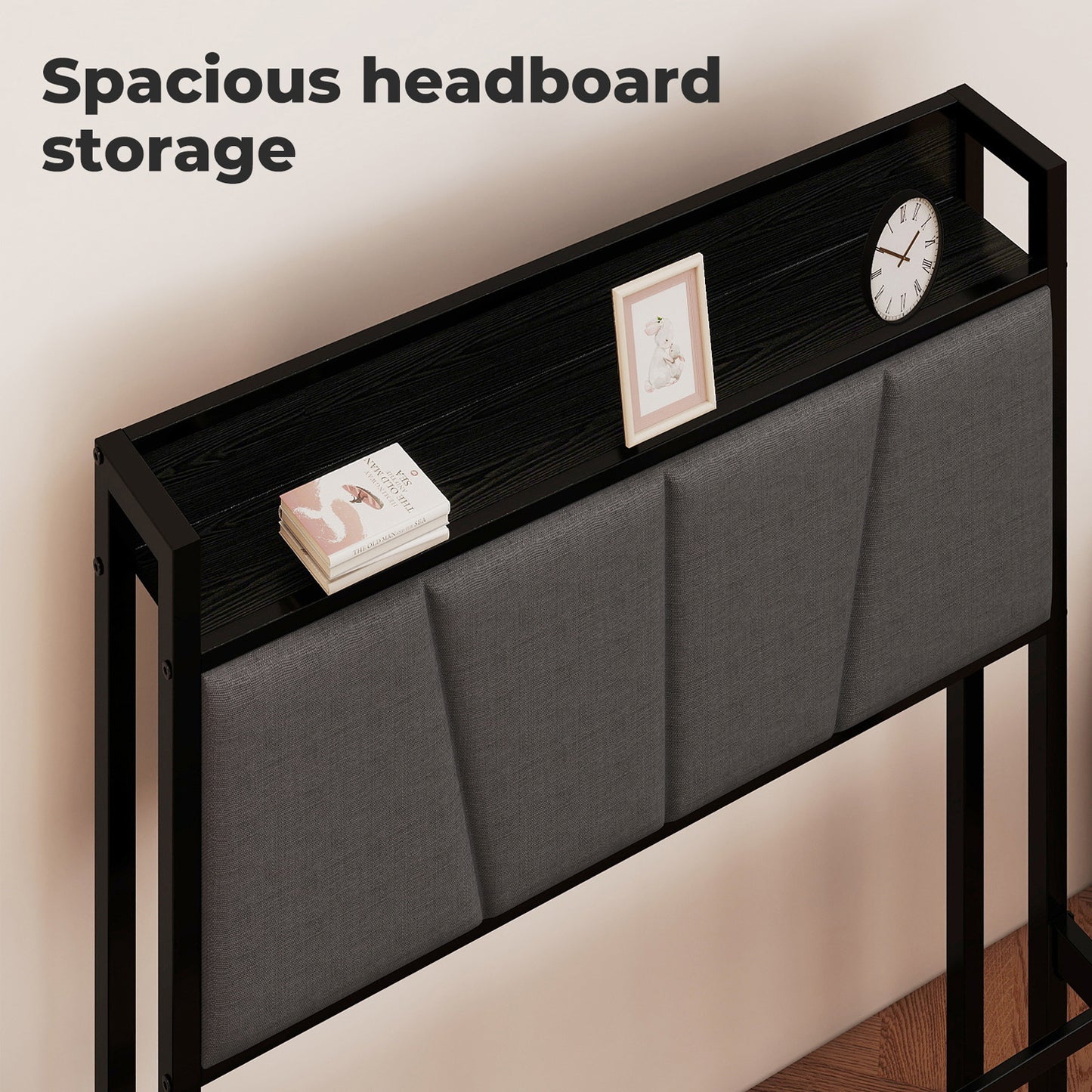 Levede Single Bed Frame Metal Platform Linen Upholstered Headboard with Storage