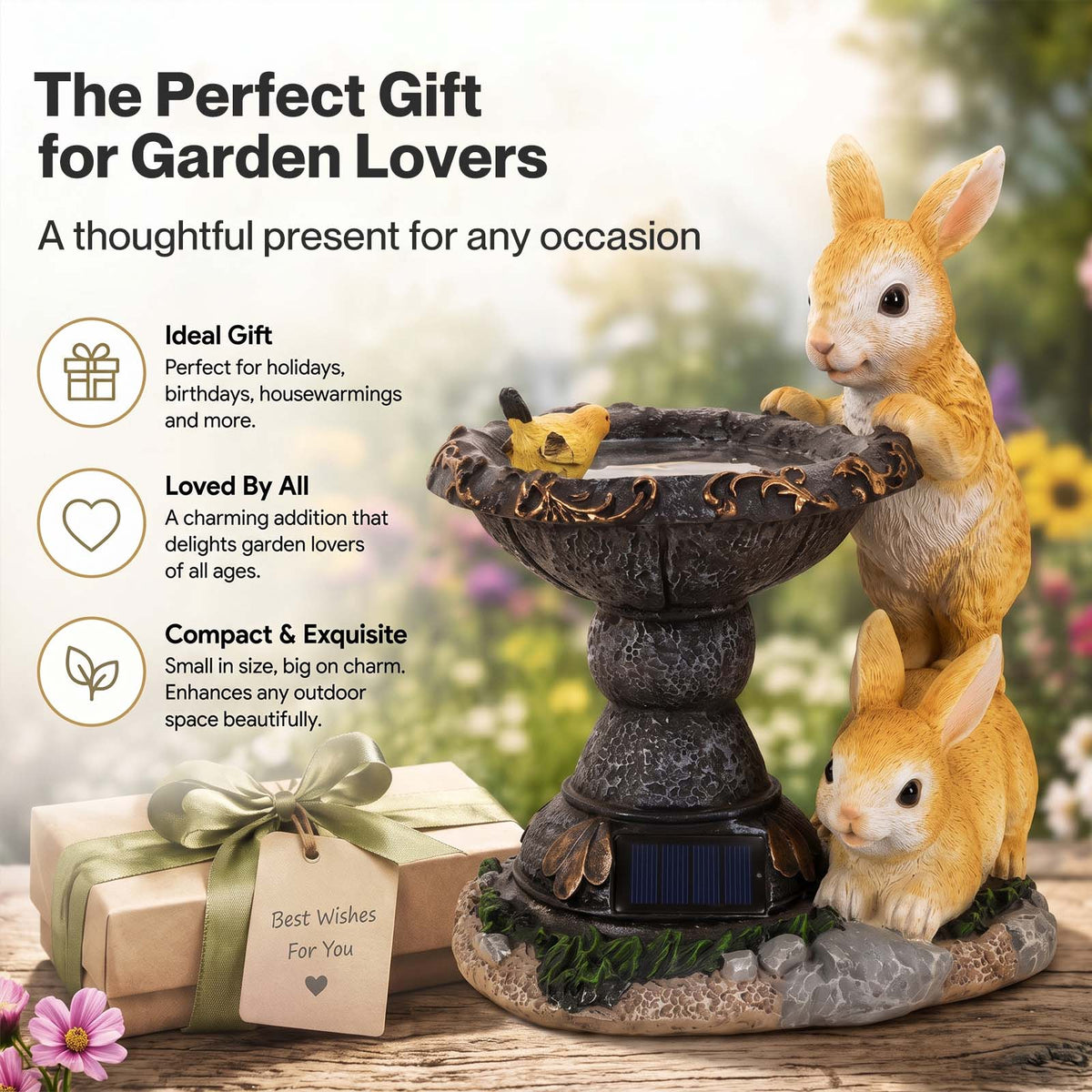 Emitto Garden Ornaments Outdoor Rabbit & Bird Solar Resin Artwork Bath For Patio